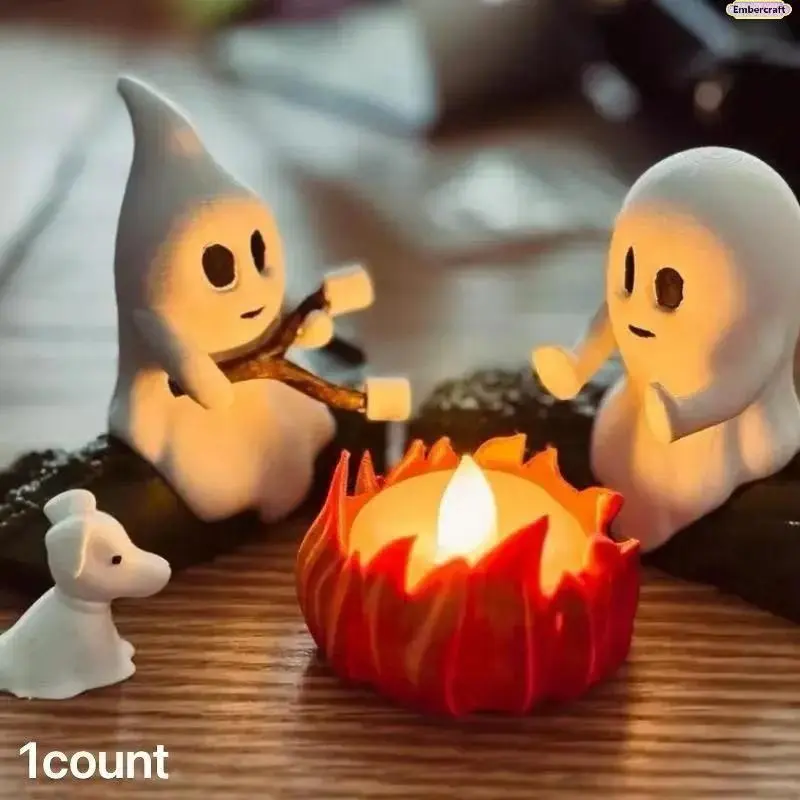 Halloween LED Scary Ghost Resin Fire Pit Ornament, Flameless Flickering Mini Campfire Decor, Durable Tabletop Centerpiece for Mantel, Haunted House Party Fall Home Decoration, Horror