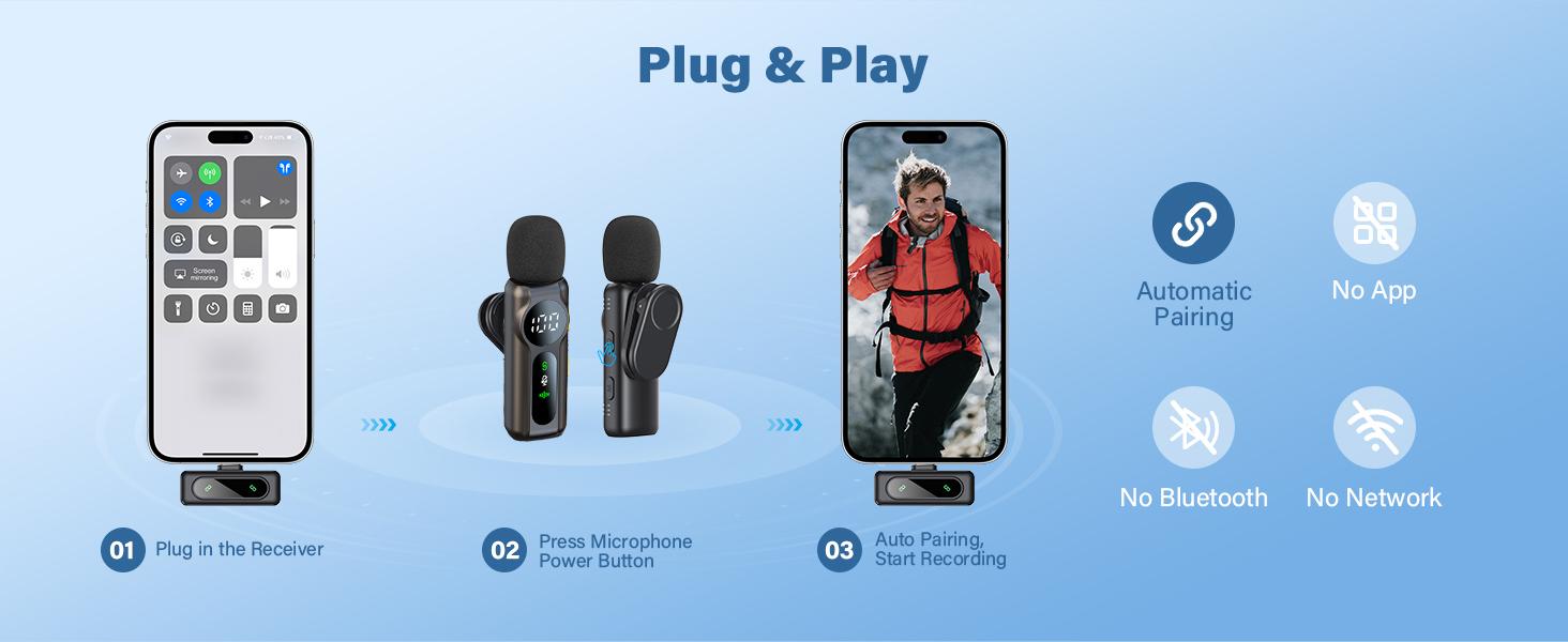 PQRQP Wireless Lavalier Microphone Dual Set – Plug & Play Clip-on Mic with Auto Pairing, Magnetic Mount, Noise Cancelling with LED display for iPhone, Android, USB-C Devices,Vlog & Video Recording