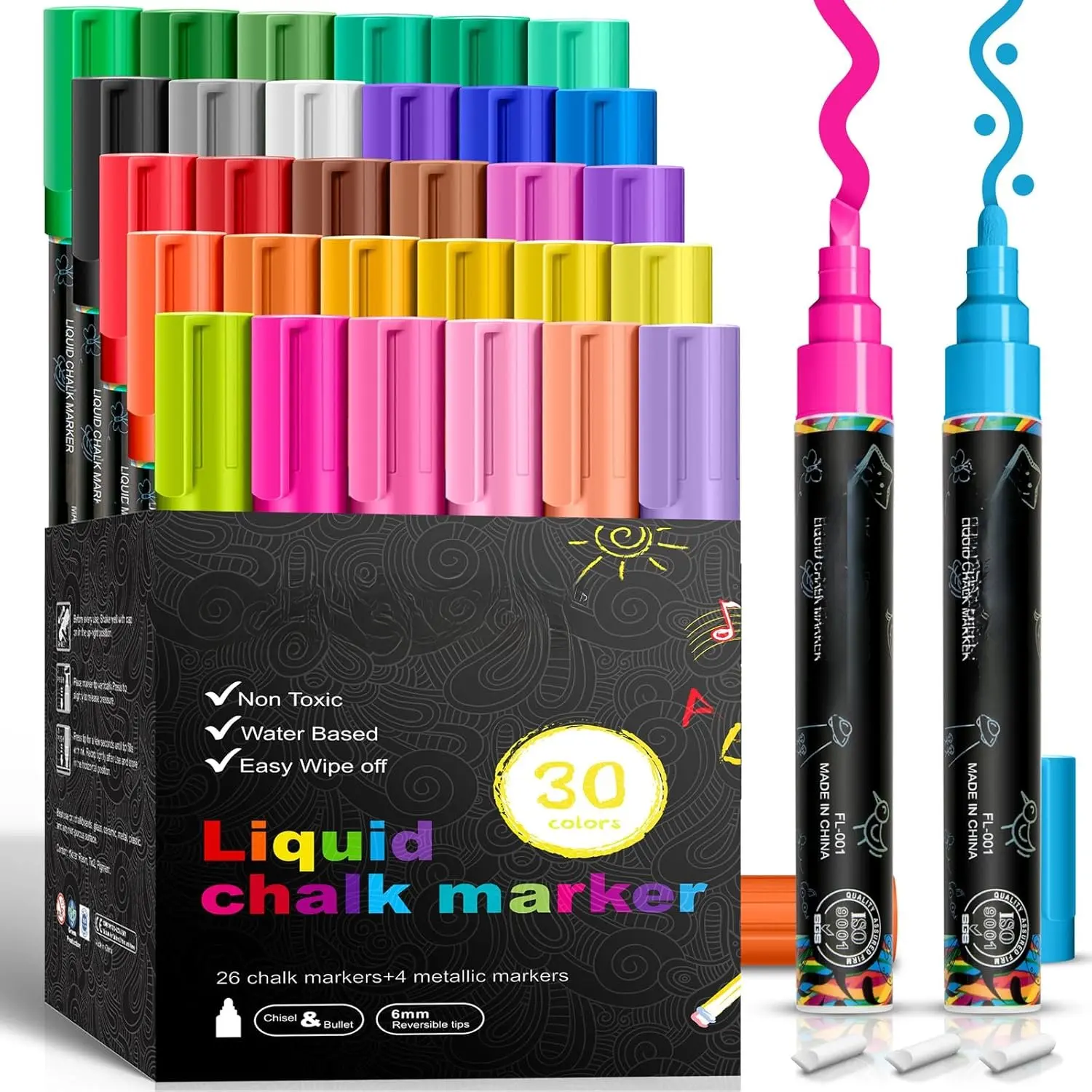 Chalk Markers, 30 Colors Liquid Chalk Markers for Blackboard Chalkboard Calendar Glass Neon Pens, Washable Window Marker  and Drawing for , Auto, Bistro,Mirror Wet Erase Chisel Tip