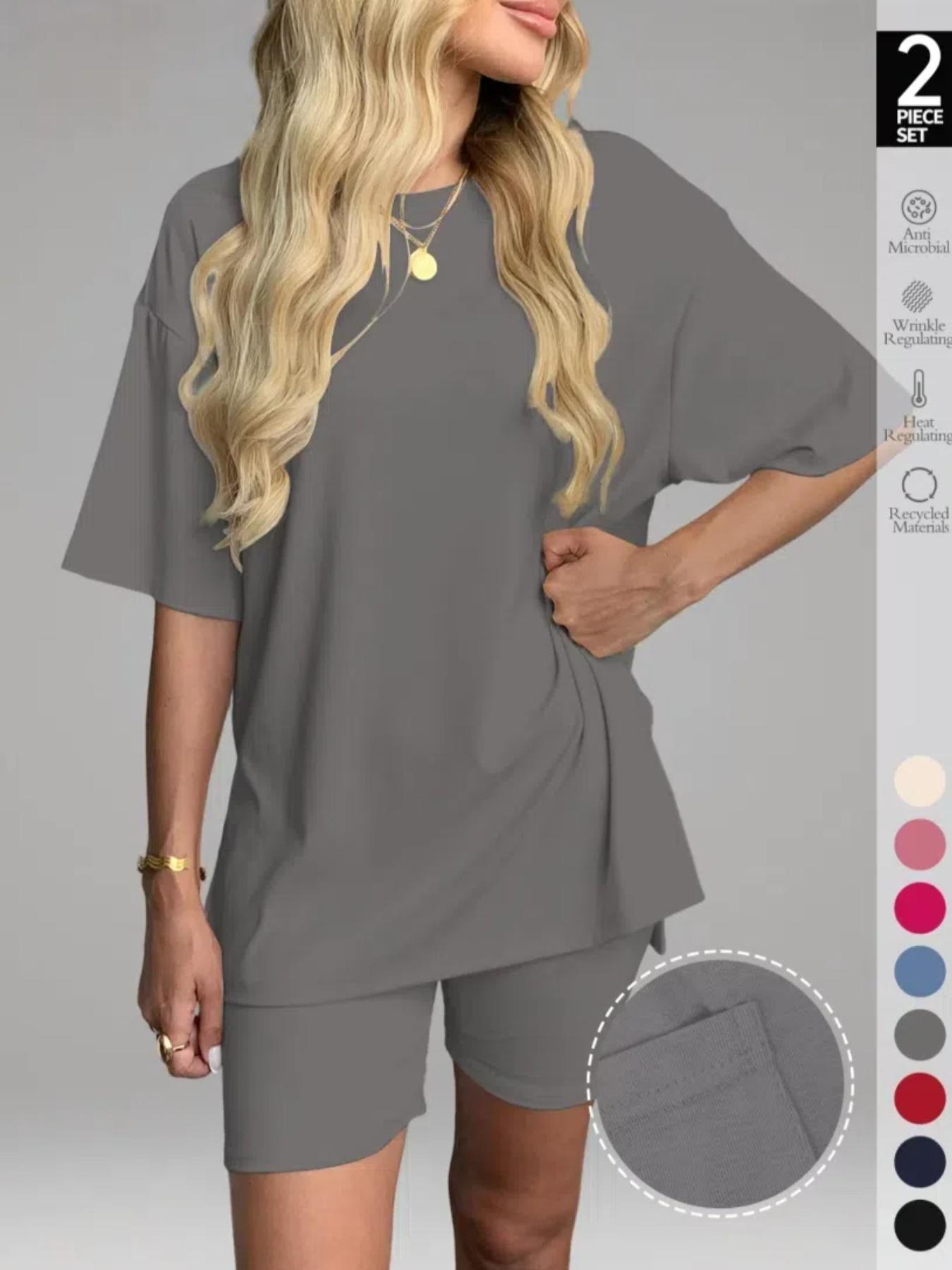 Women's solid color T-shirt and fitted shorts loungewear set, summer casual comfortable round-neck pajamas with pockets, loose fit, affordable women's sleepwear