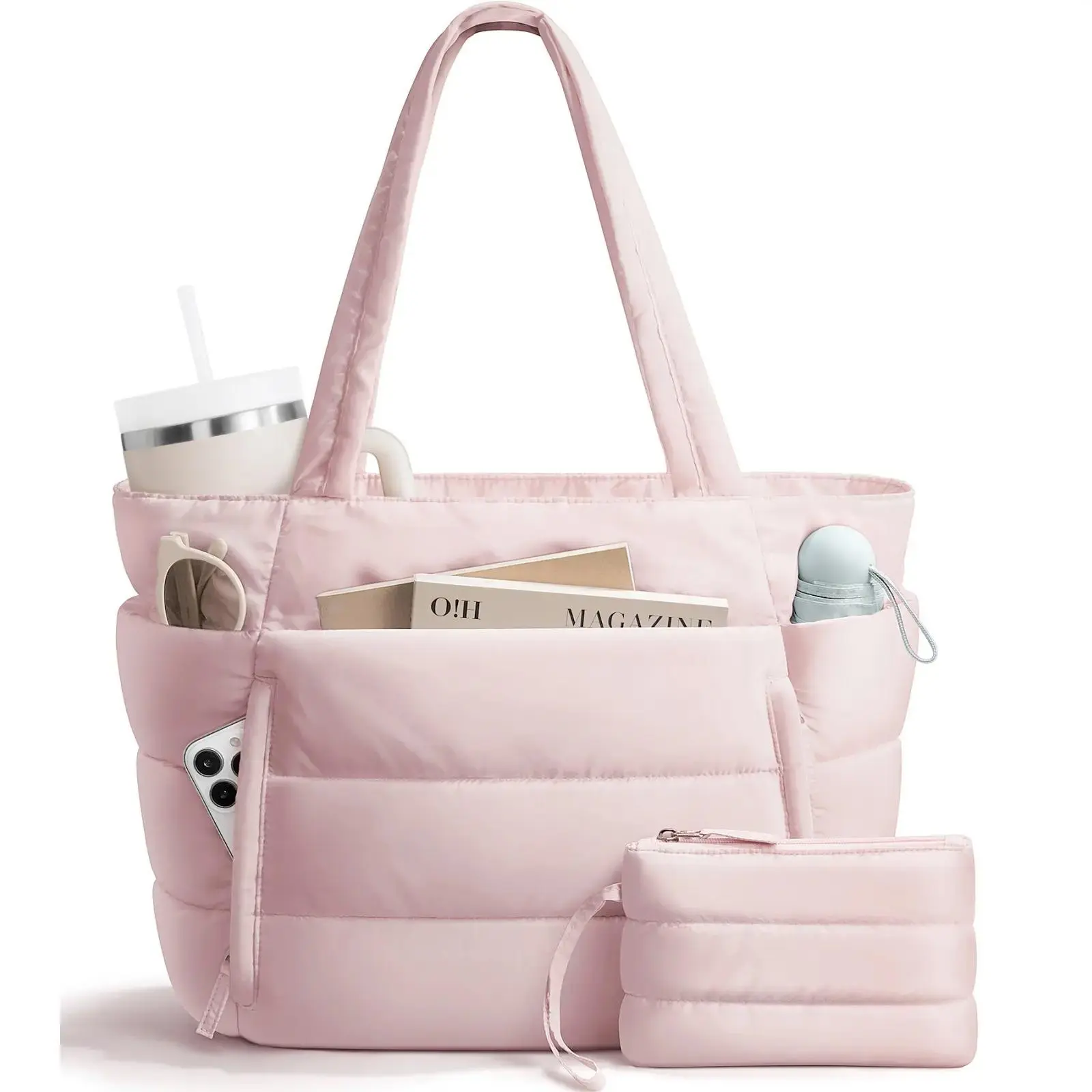 Women’s Quilted Puffer Tote Bag with Matching Pouch, Lightweight Zipper Shoulder Bag for Laptop, Work and Travel, Large Capacity Fashion Handbag for Teachers, Nurses, School, Gym and Everyday Use