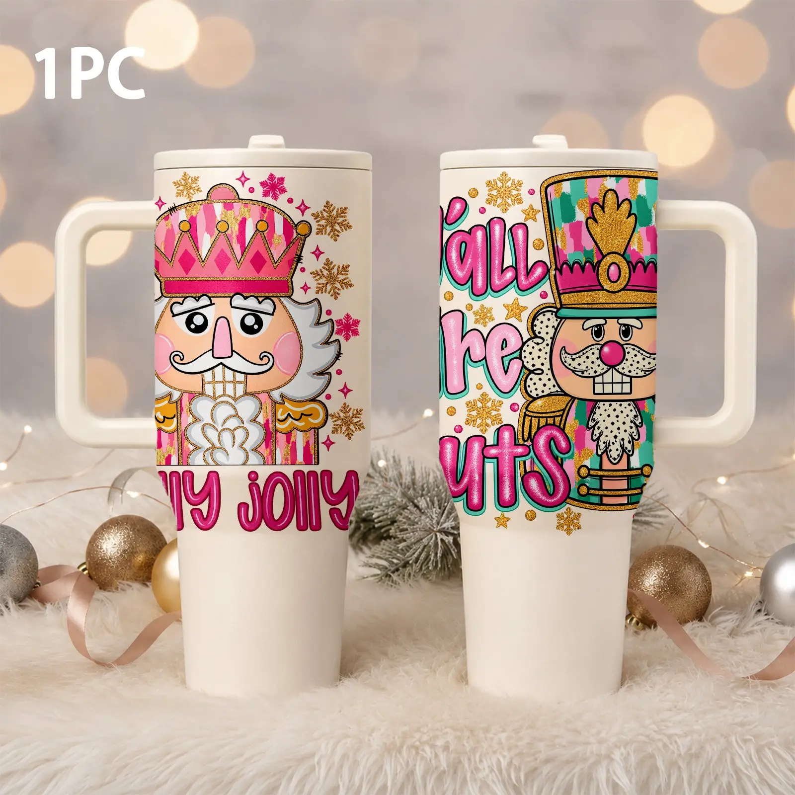 1 PC 40oz Christmas Nutcracker Tumbler with Handle & Flip Straw, Insulated Tumblers, Stainless Steel Vacuum Insulated Travel Mug, Reusable Large Capacity Cup for Cold & Hot Drinks, Car Cup Holder Friendly, Holiday Gift for Women, Christmas Drinkware