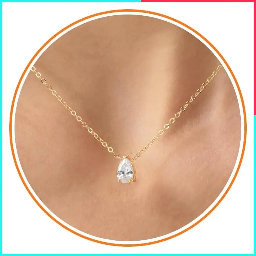 Dainty 14K Gold/White Gold Plated Solitaire Tiny Pear Cut Teardrop Cubic Zirconia Pendant Necklace for Women, Cross/Snowflake/North Star/Clover/Leaf/Flower Design, 16.5"+2" Extender
