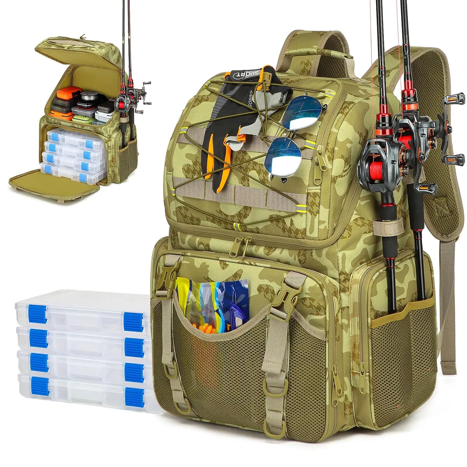Fishing Backpack, 45L Large Cooler Fishing Tackle bag with Rod Holders & Rain Cover, Water-resistant Store Gear (Khaki Camo(With 4 Tackle Boxes))