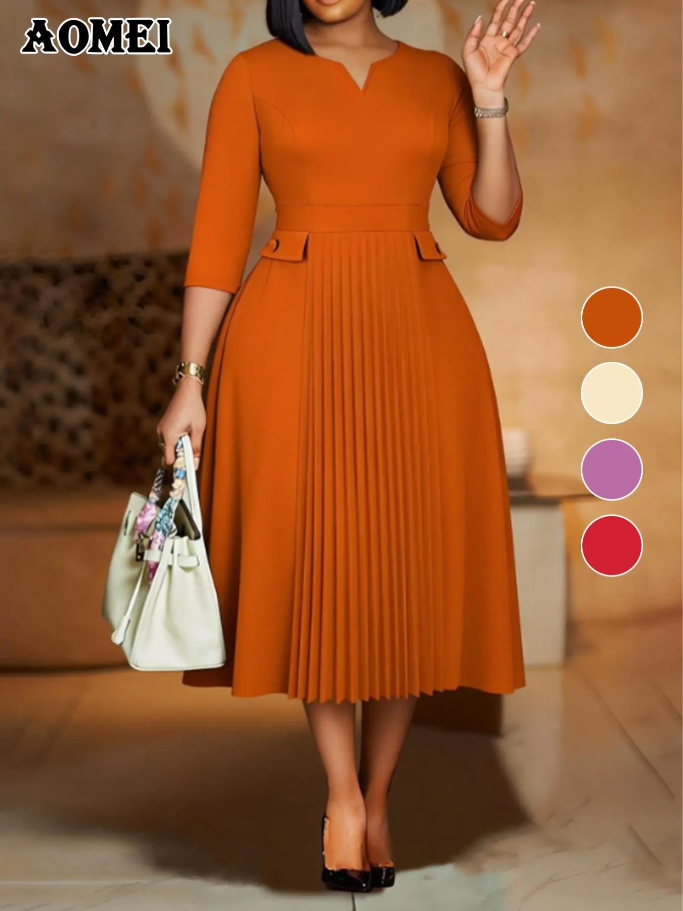AOMEI  Elegant Midi Dress for Plus Size Women, Pleated A-Line, Long Sleeve, Natural Waist, Office & Party Wear, Fall New Arrival