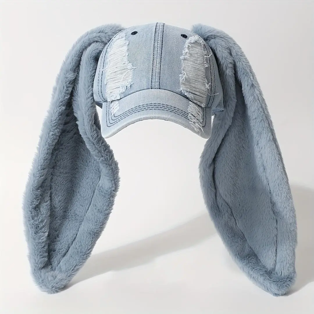 Unisex Vintage Wash Pink Baseball Cap with Plush Bunny Ears - Adjustable Streetwear Snapback Hat, 90s Grunge Cartoon Fantasy Style, Wide Brim, Lightweight Cotton-Polyester, One-Size Cute Animal Casual Outdoor Accessory, Adjustable Streetwear Hat