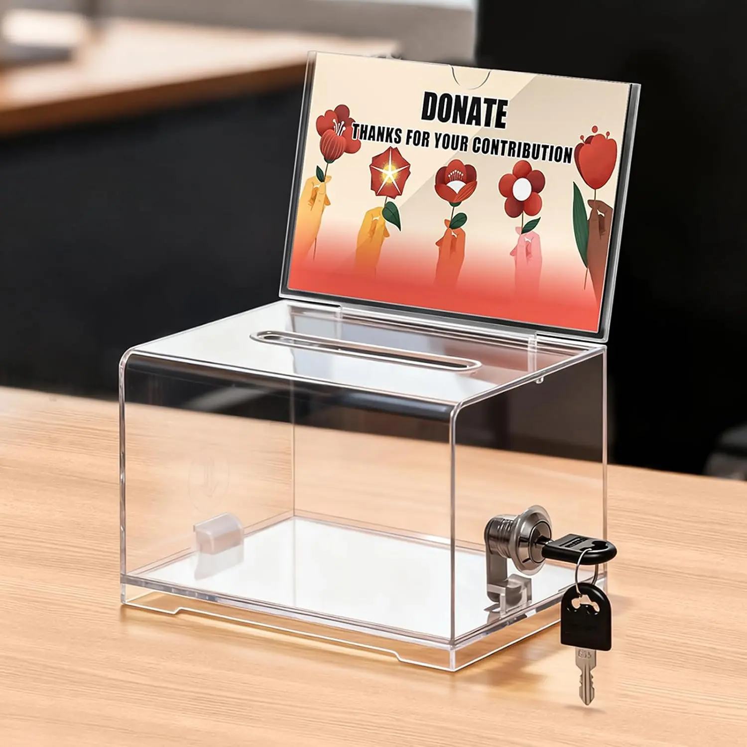 Clear Donation Box With Lock & Slot, Acrylic Raffle Box & Tip Jar | 4x6" Sign Holder, Cash & Raffle Ticket Collection, Church Fundraising, School Voting & Office Suggestions, 6.2 x 4.6 x 4.0 In