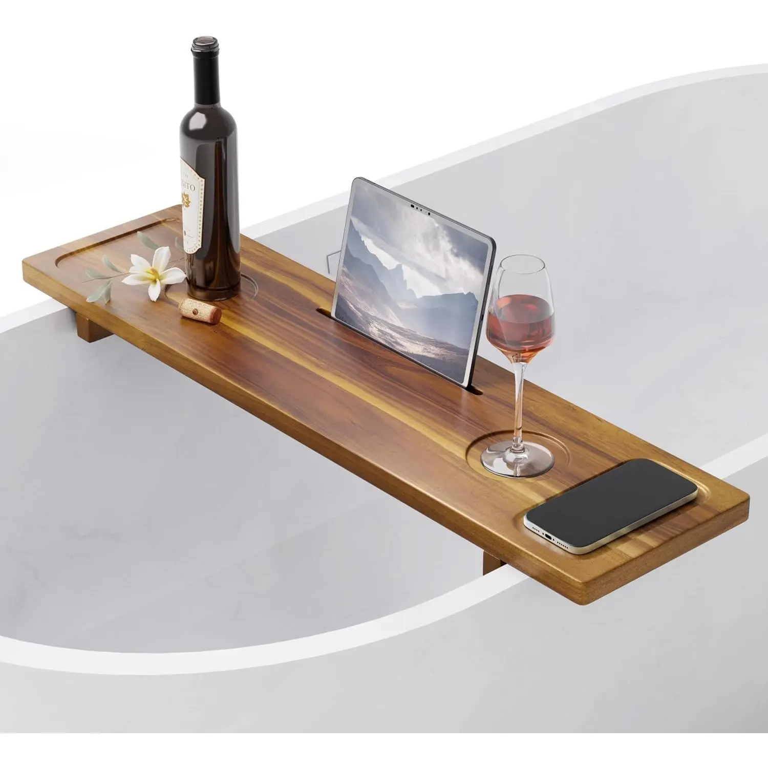 Large Bath Tray for Tub 34.6"x9" Wooden Bathtub Caddy Tray | Expandable Bathtub Tray With Anti-Tip Supports And Dedicated Slots For A Wine Glass, Tablet, Candle Keeps Essentials Secure