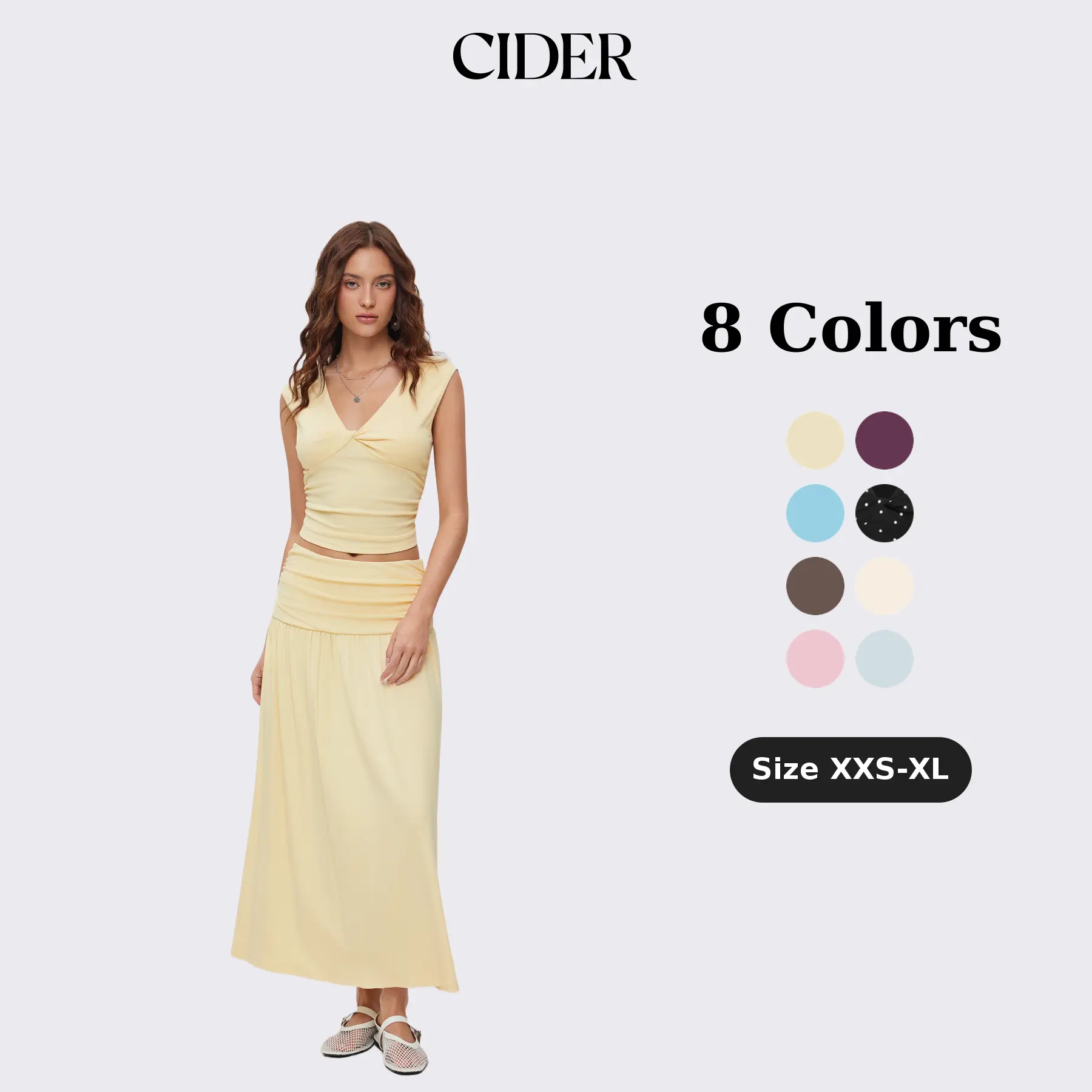 Cider Elegant Vacation V-Neck 2-Piece Set for Beach Holiday, Elegant 2-Piece Outfits, Ladies Ruched Top, Maxi Skirt Set, Vintage Lady Blouse SohoChic