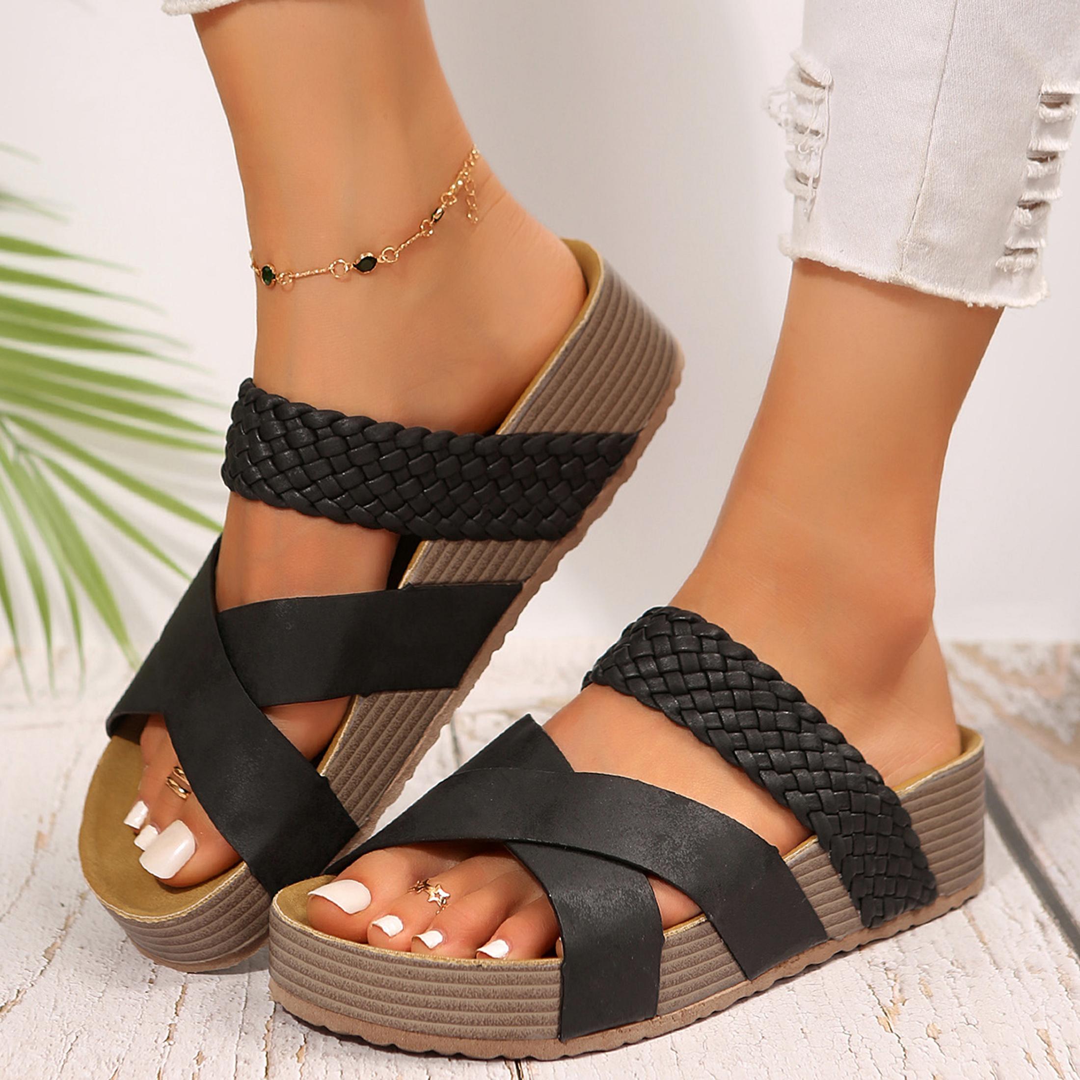 Women Sandals Beach Sandals New Thick Bottom Braided Cross Casual Solid Color Slippers Springfresh