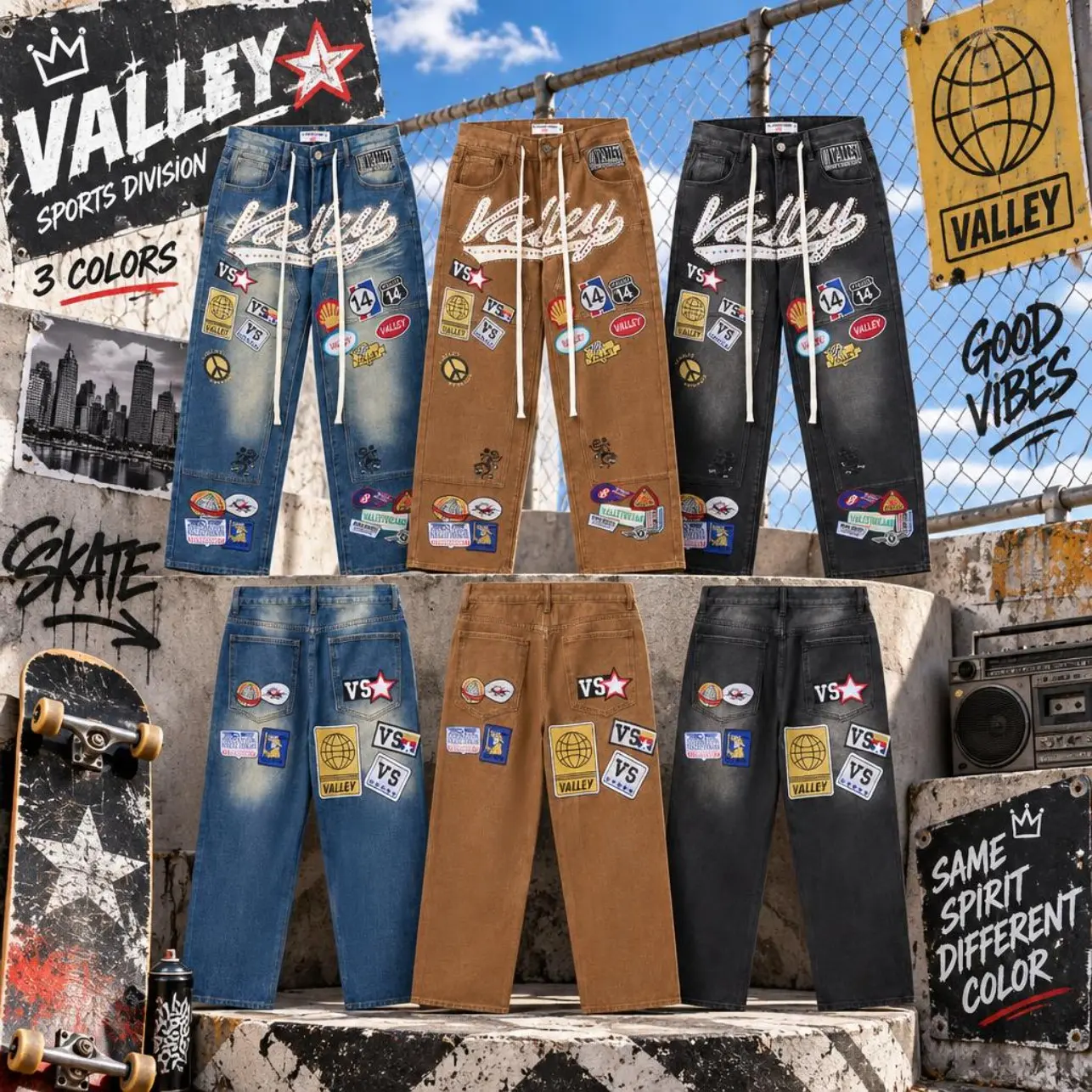 VALE Forever 1980S Painter Jeans Brown Vintage Washed Baggy Denim Pants Y2K Streetwear Loose Fit Cargo Style Jeans Patchwork Graphic Embroidery Detail Hip Hop Fashion Oversized Trousers Unisex Casual Outfit Men Women Back To School Trend