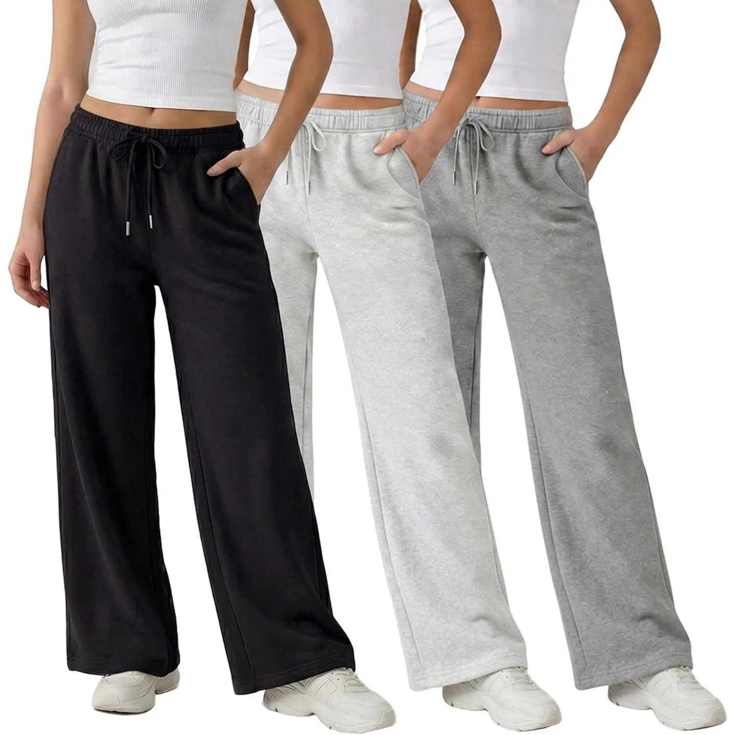 Women's 3-Pack Wide Leg Fleece Sweatpants, Elastic Drawstring Waist, Soft Fleece, Relaxed Fit, Deep Pockets, XS-3X Plus Sizes for Lounge, Travel, Elastic Waist