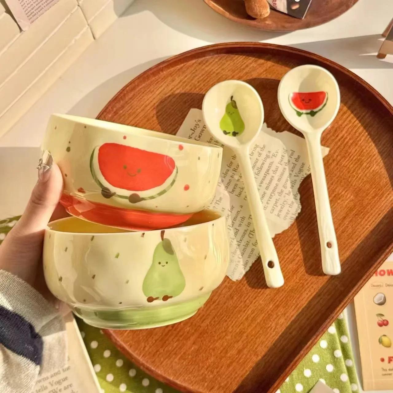 Cute Fruit Ceramic Bowl Creative Kawaii Hand-painted Ceramic Anti-scald Soup Bowl Home Kitchen Noodle Ramen Tableware Bowl