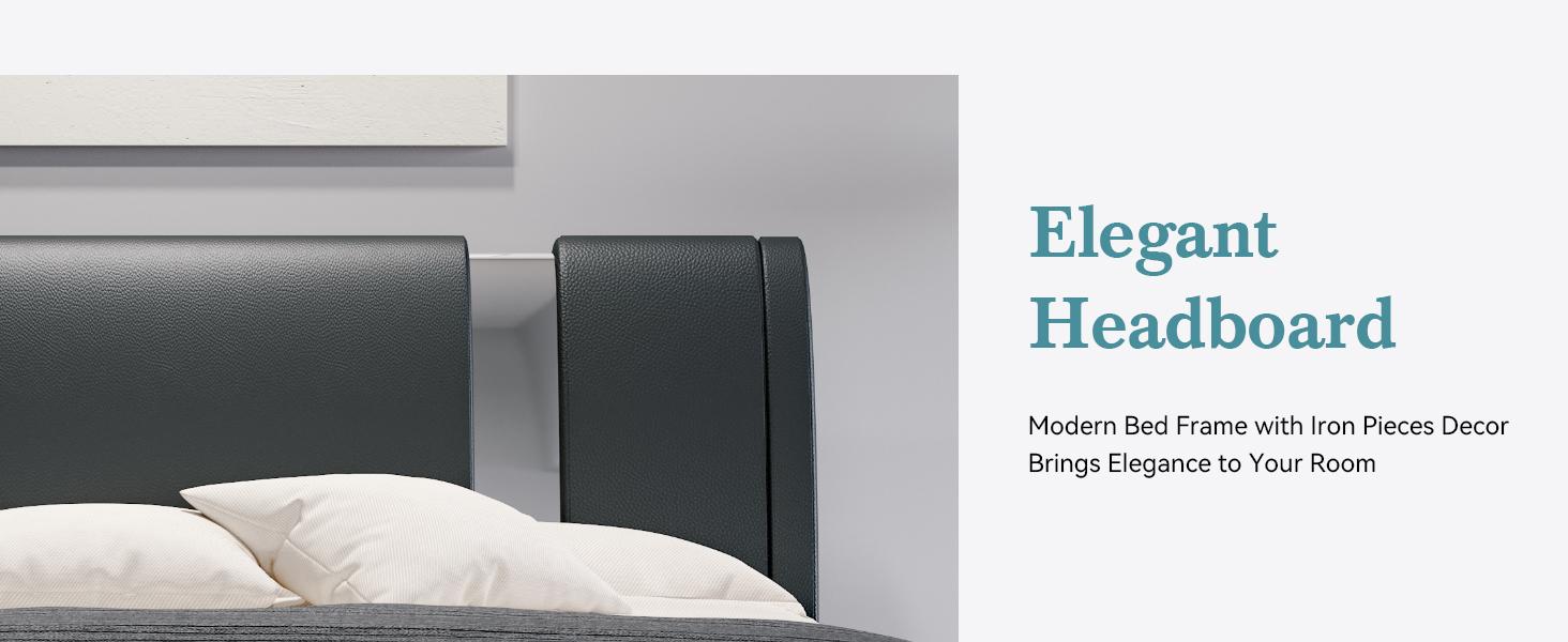 HOOMIC Modern Faux Leather Platform Bed Frame【Frame Only No Mattress】with Iron Pieces Decor,Low Profile Platform Bed with Height-adjustable Headboard,Solid Wood Slat Support,No Box Spring Needed,Queen/King Size#SummerVibes