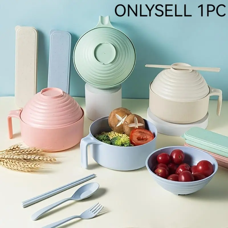 Noodle Bowl Set with Lid, 4 Counts/set Including Bowl & Chopsticks & Spoon & Fork, Household Tableware Set for Home Kitchen Dining Room, Dinnerware Set