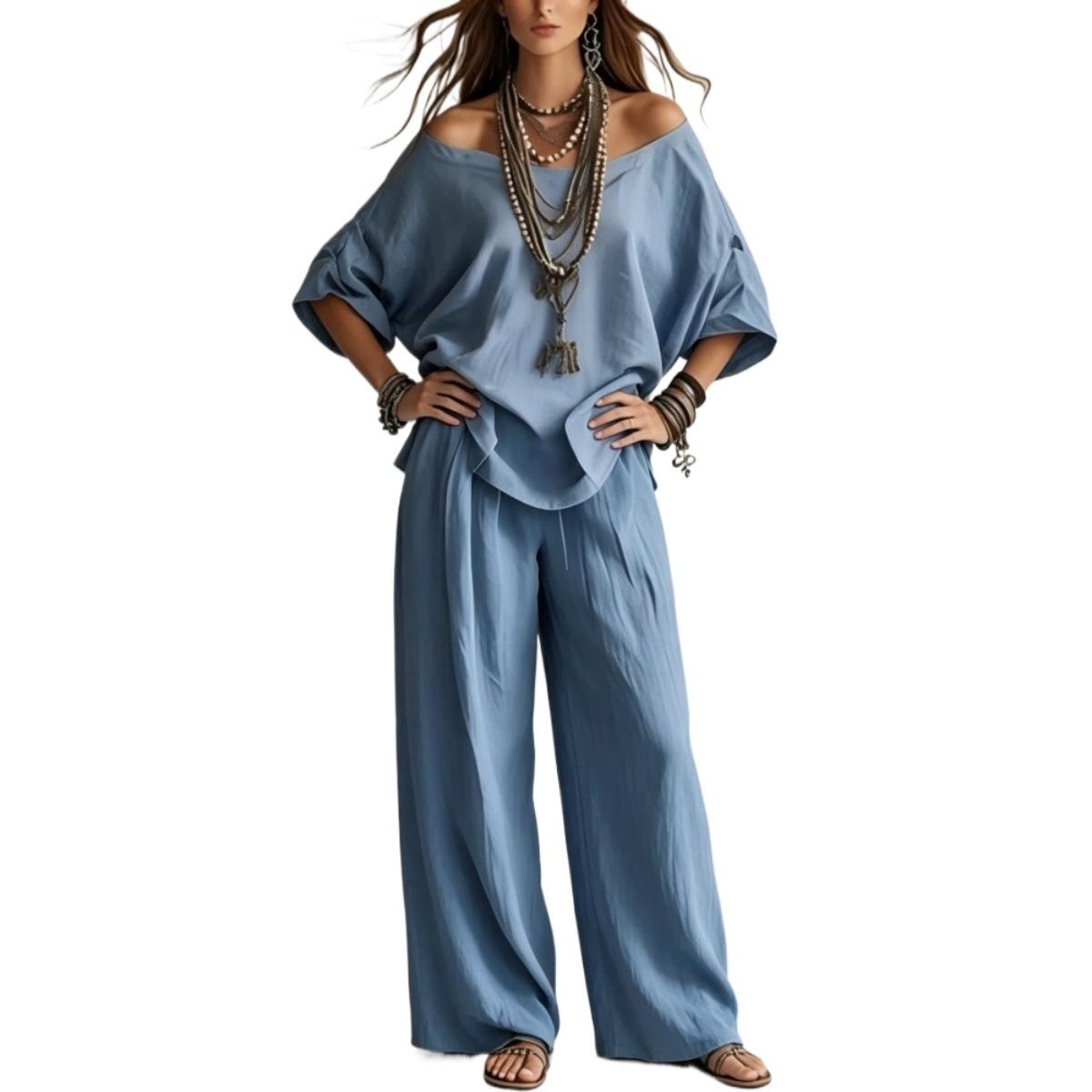 Women's Summer Solid 3/4 Sleeve Tops & Wide Leg Pants Set, Casual Loose Simple Fashion Outfit, Daily Holiday Travel Two Piece Set Women's Summer Solid 3/4 Sleeve Tops & Wide Leg Pants Set, Casual Loose Simple Fashion Outfit, Daily Holiday Travel Two Piece Set