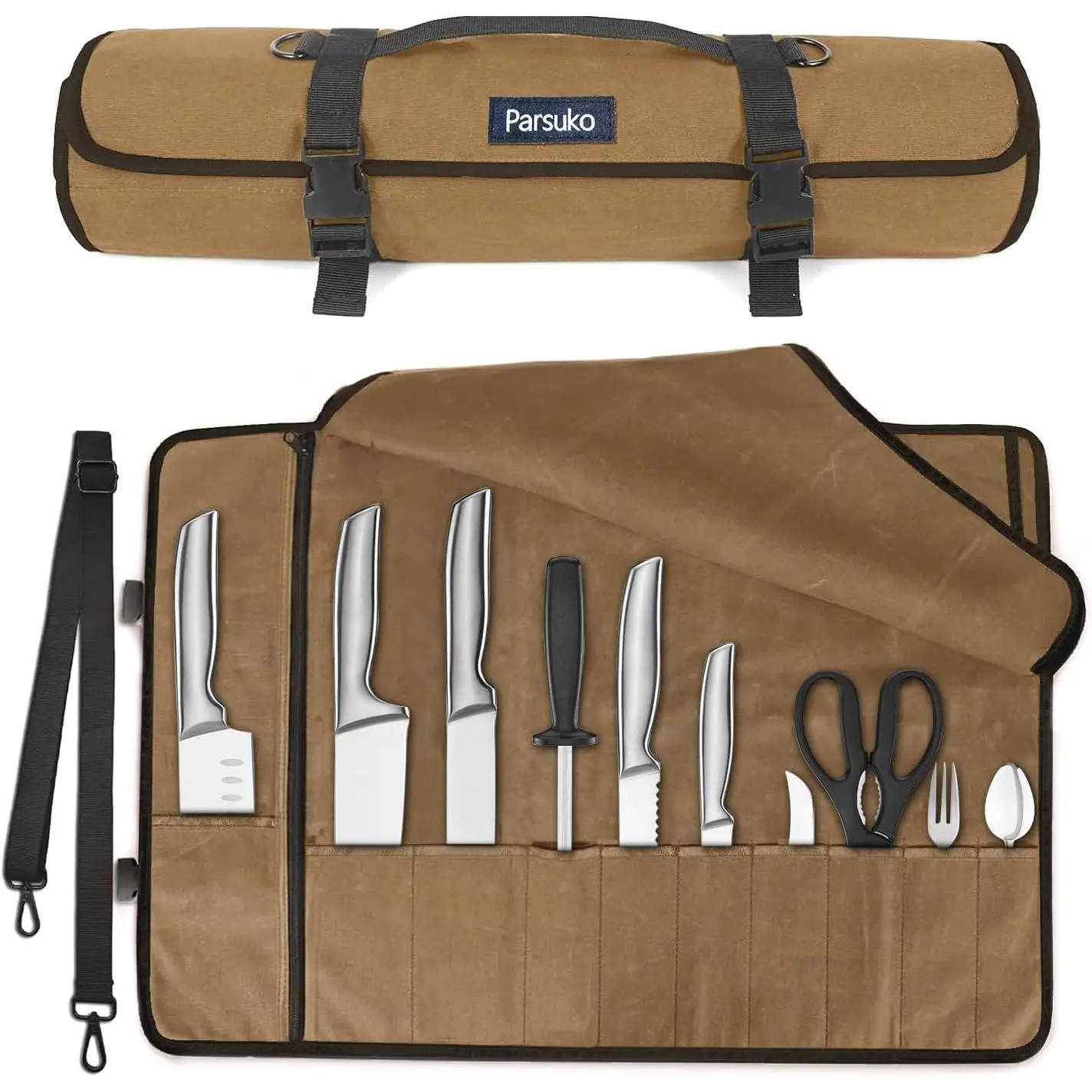 Chef Knife Roll Bag,Waterproof Waxed Canvas Knife Case Holds,Knives Roll Bags for Chefs Professional with Adjustable Strap,Chef Backpack (Brown)