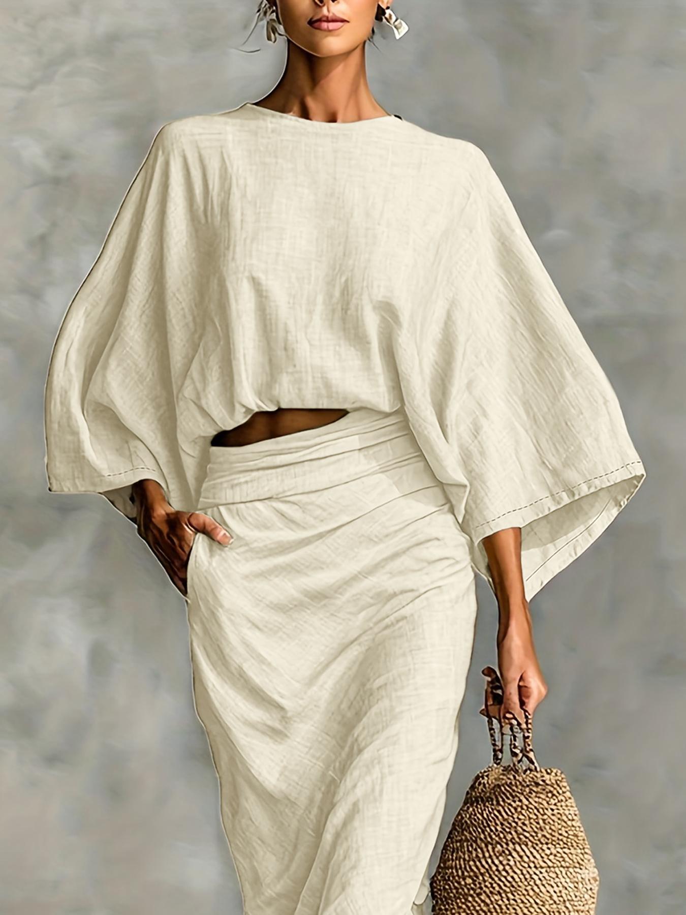 Women's Stylish Loose-Fitting Casual Two-Piece Set, Spring & Fall Comfortable Long Skirt with Waist Definition and Pocket one pocket..