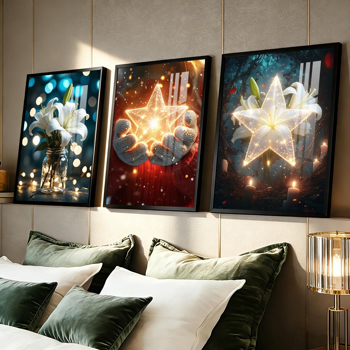 3 Counts Aluminum Alloy Framed Painting, White Lily And Glowing Star Art Pictures, Home Decoration For Living Room, Bedroom, Office, Restaurant, Hallway Wall Decor, Odorless Print Artwork, Luxury Perfect Gift For Friends And Family