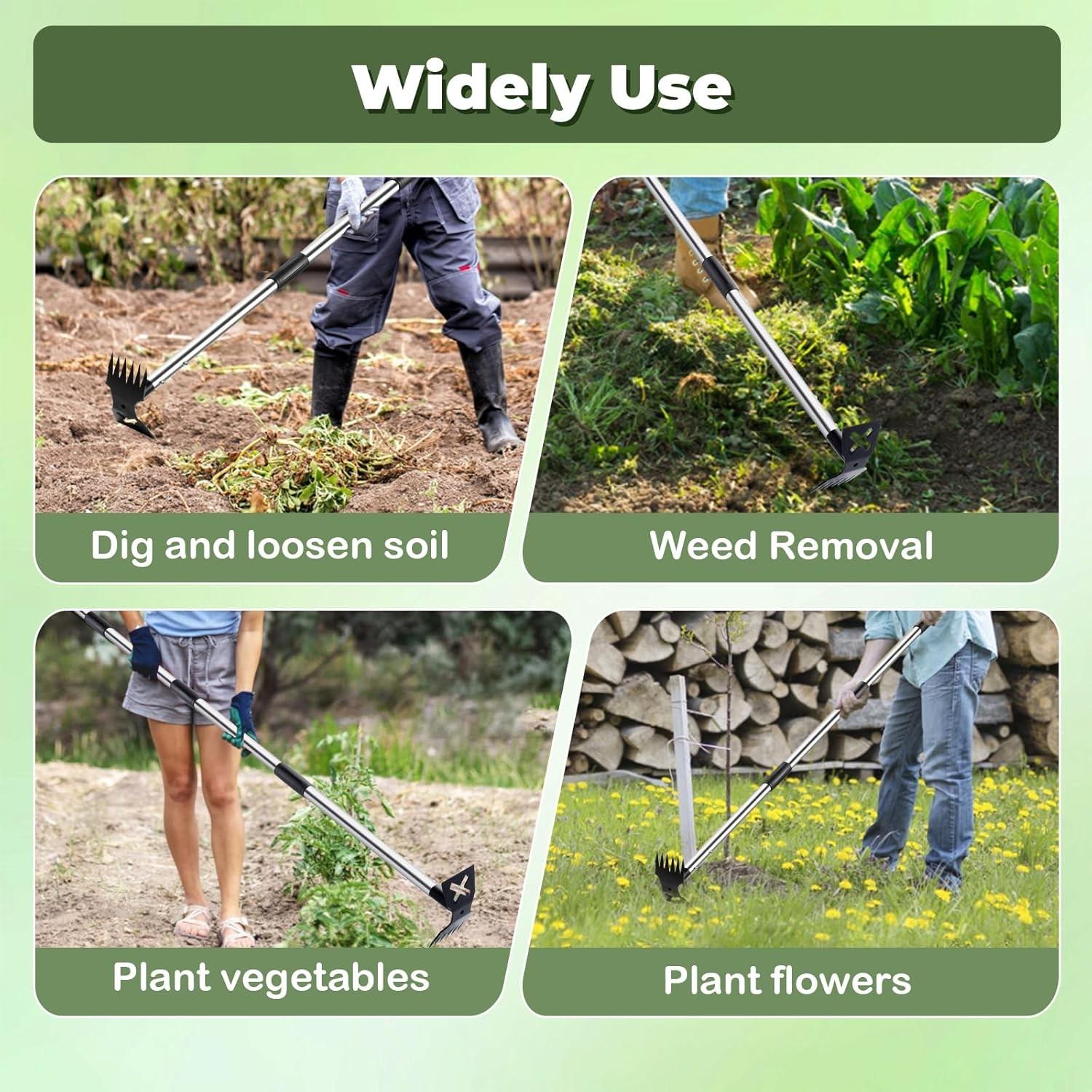 Weed Puller Tool with Long Handle, 60" Manual Weeder Remover, 2 in 1 Hand Weed Rake and Garden Hoe, for Yard, Lawn, Patio, Garden