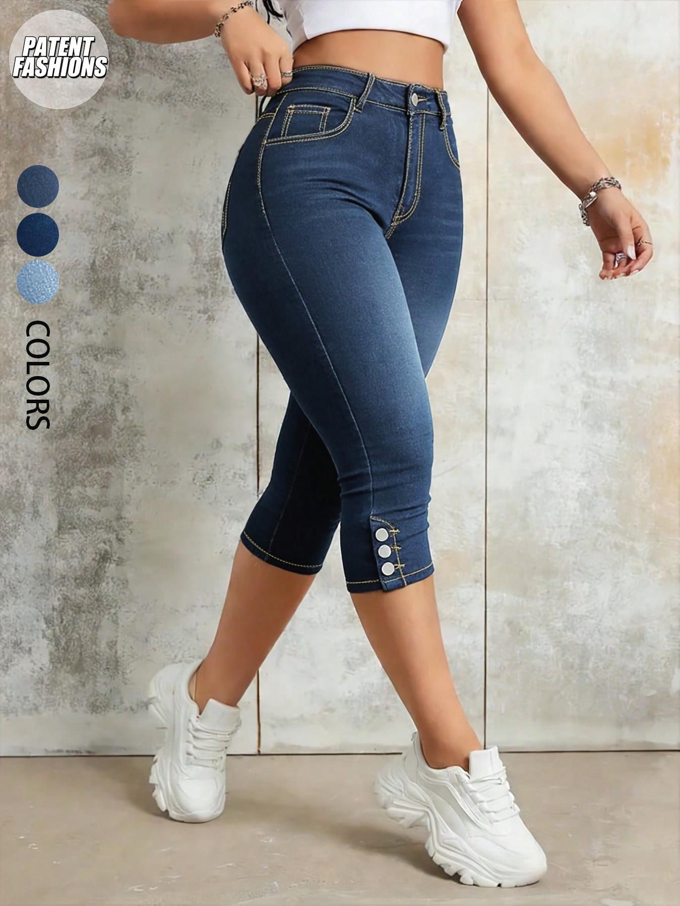 Women's Pockets Button Stretch Slim Fit Denim Capri Jeans Pants, Casual Butt-Lifting Daily Wear for All Seasons