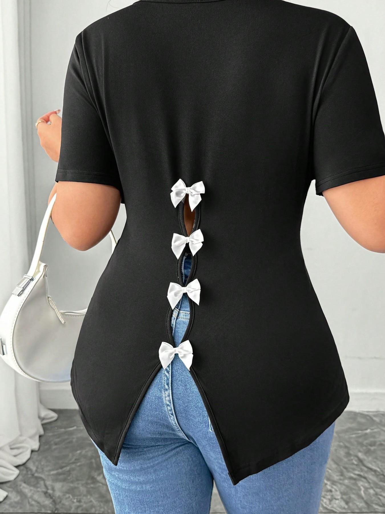 Plus Size Women's Back Bow Short Sleeve T-Shirt, Asymmetrical Hem Slimming Top, Casual Summer Fashion, Comfortable and Stylish