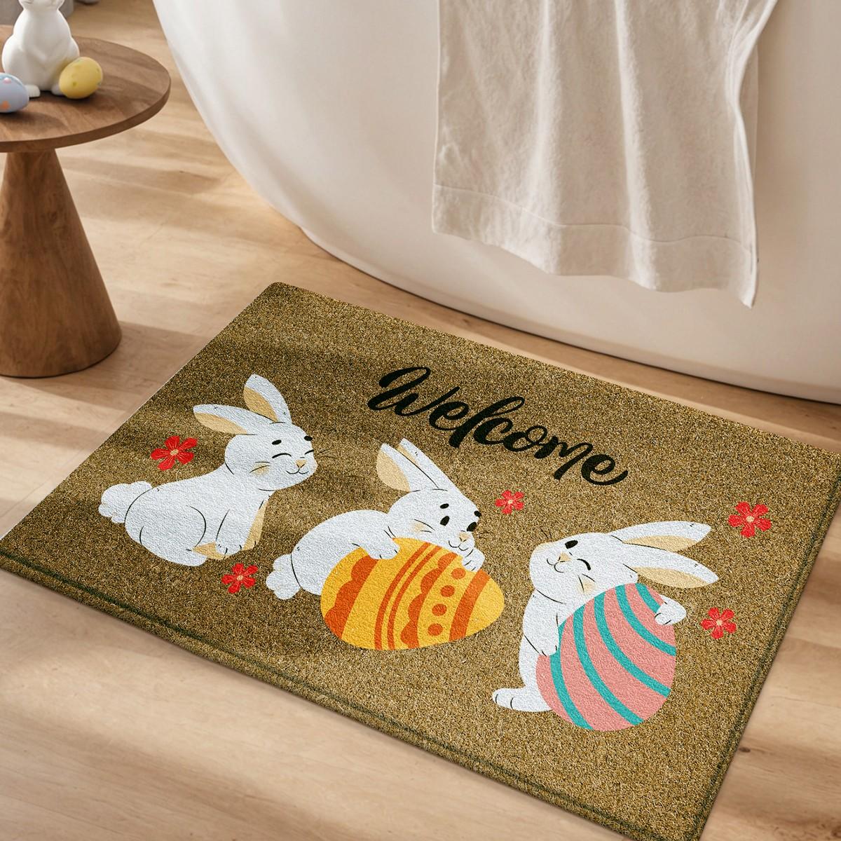 Easter Bunny Easter Egg Welcome Rug, Non-Slip Backing, Suitable for Bathroom Kitchen Indoor Outdoor Use