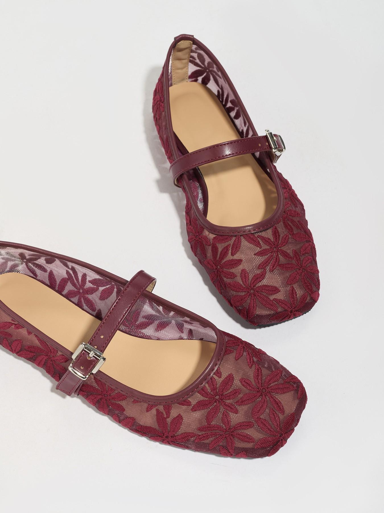 Vintage Wine Lace Mary Jane Shoes, Square Toe, Retro Style, Textile Upper, Rubber Sole, Embroidery Design, Less Than Ankle Height