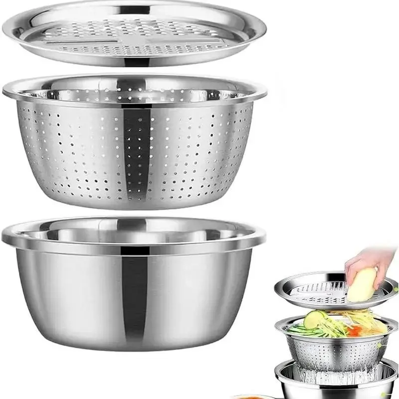 3-in-1 Stainless Steel Multi-Functional Strainer Set with basin, sieve and cutter. Great for rinsing rice, fruits and vegetables, essential kitchen gadget.