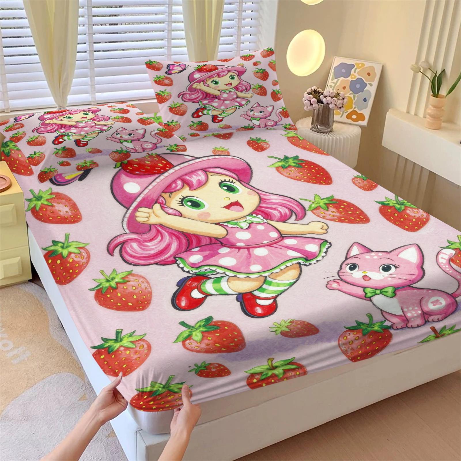 Strawberry Shortcake Big Sweet Fitted Sheet Set, 1 Fitted Sheet + 2 Pillowcases - 3 Pcs Soft Bedding with Deep Pocket, 360° Full Coverage, Wrinkle Free, Cute Sweet Letter Print Cartoon Bed Sheets for Girls, Full Size