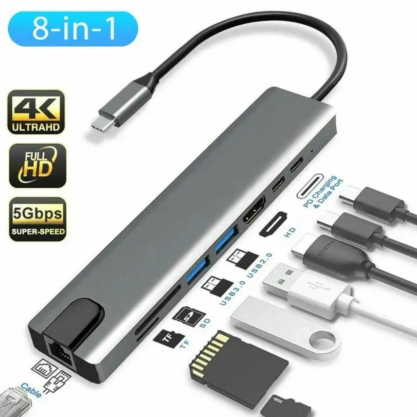 USB C Hub 8 In 1 Type C 3.1 To 4K HDTV Adapter with RJ45 100Mbps SD/TF Card Reader PD Fast Charge for MacBook Notebook Laptop