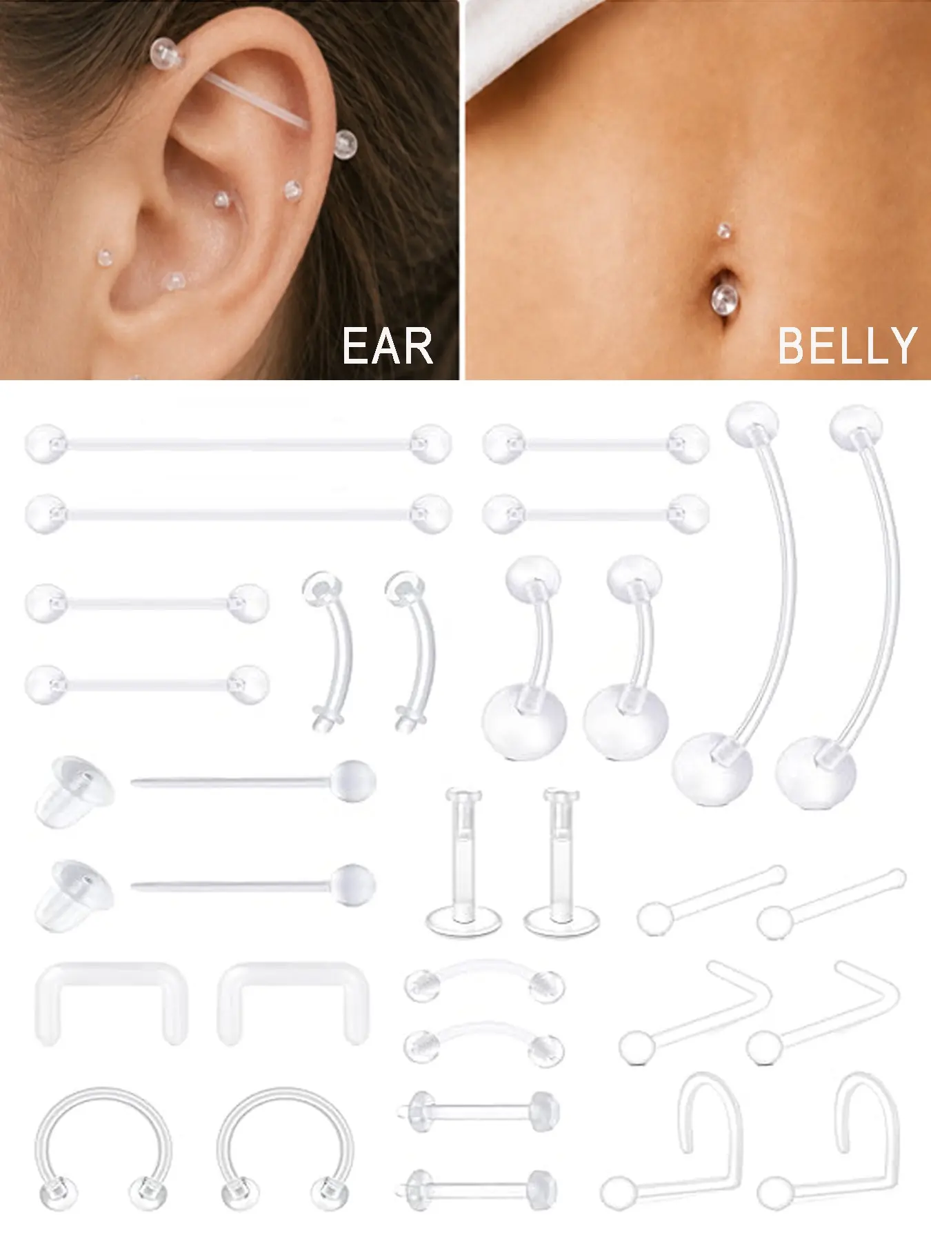 30pcs Clear Piercing Retainers Set Bioflex Plastic Jewelry for Nipple Tongue Nose Septum Eyebrow Belly Earrings Tragus Helix Cartilage Industrial Lip Labret Rings Studs For Surgery Mri Nose Bone Jewelry