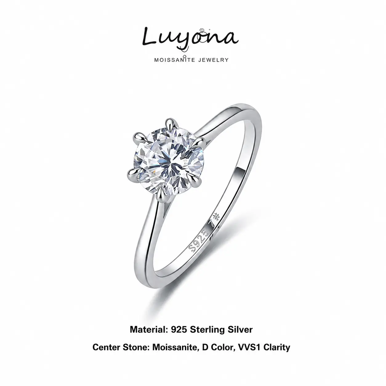LUYONA Women's Round Brilliant Cut Moissanite Solitaire Ring, 0.5 1 2 3 CT D Color VVS1, 925 Sterling Silver 18K White Gold Plated 6 Prong Engagement Ring