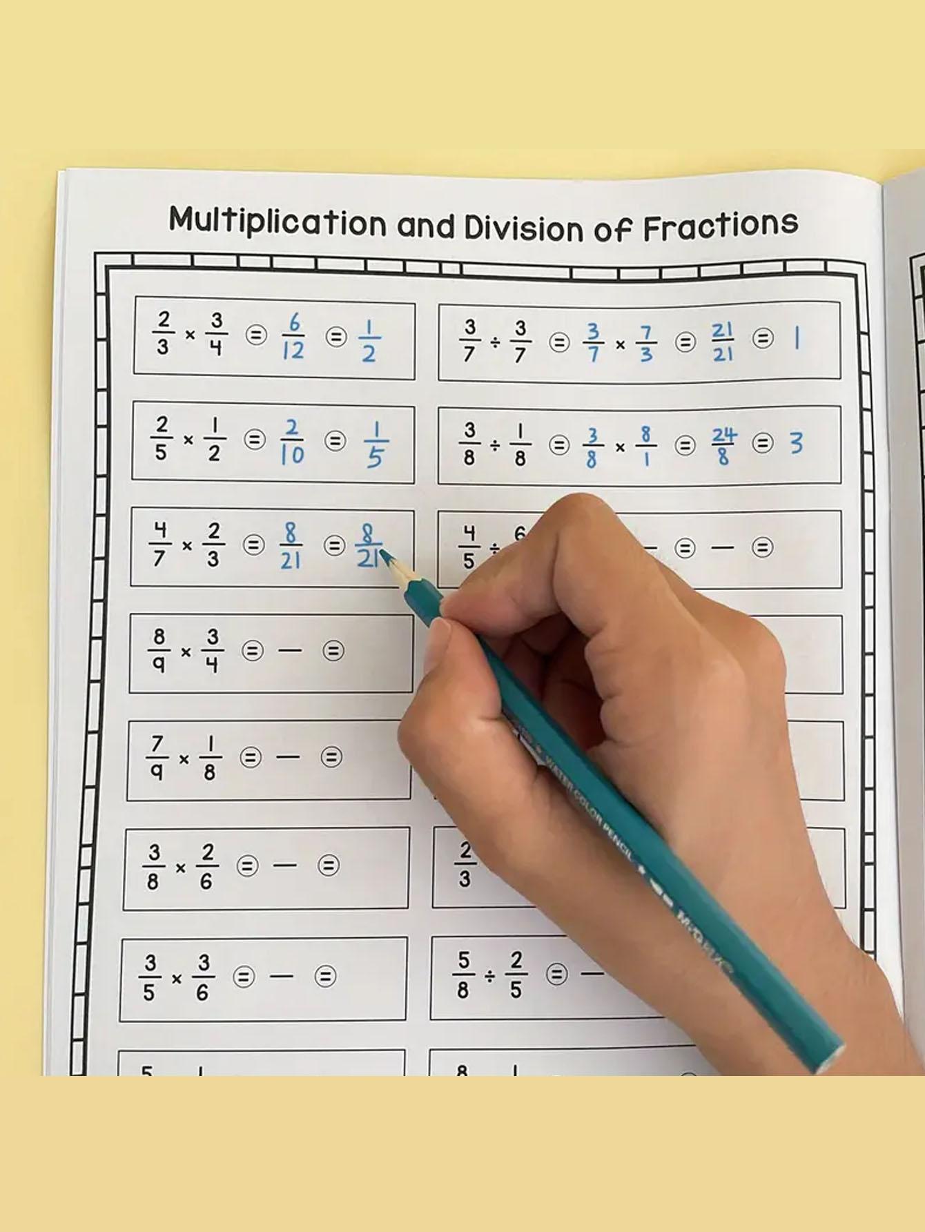 Elementary Math Workbook Set, Focuses on Basic Fraction Calculations, Includes Guided Addition Subtraction Multiplication Division Practice, Math Worksheets, Math Exercises