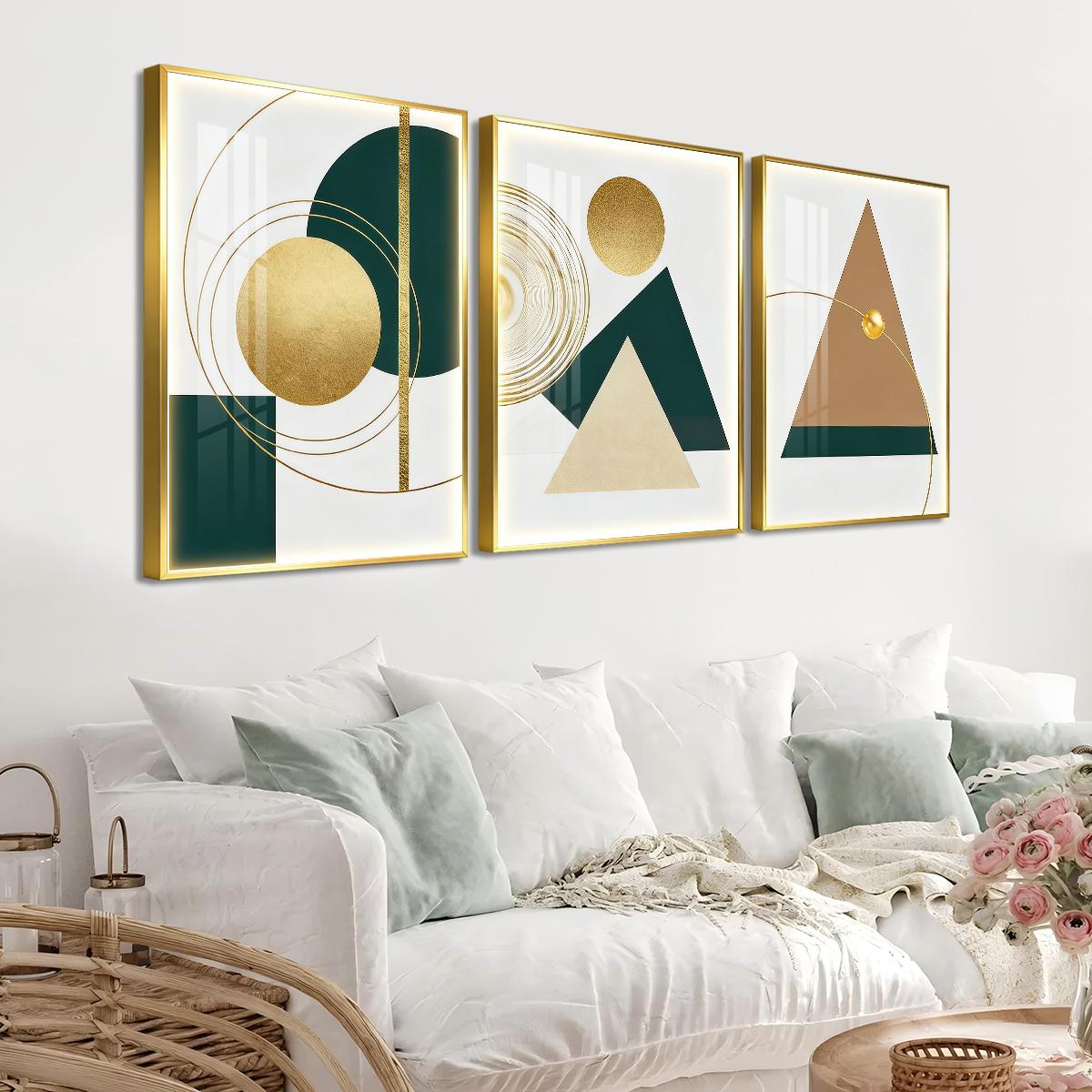 3 Counts Aluminum Alloy Framed Painting, Geometric Gold And Green Abstract Shapes Pictures, Home Decoration For Living Room, Bedroom, Office, Restaurant, Hallway Wall Decor, Odorless Print Artwork, Luxury Perfect Gift For Friends And Family