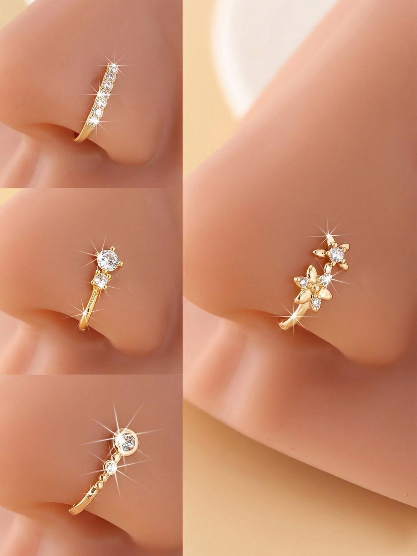 4-Pack Easy Flower Nose Clips, Synthetic Zirconia Inlay, Fake Piercing-Free Nose Jewelry, Fashionable Daily Wear Nose Rings