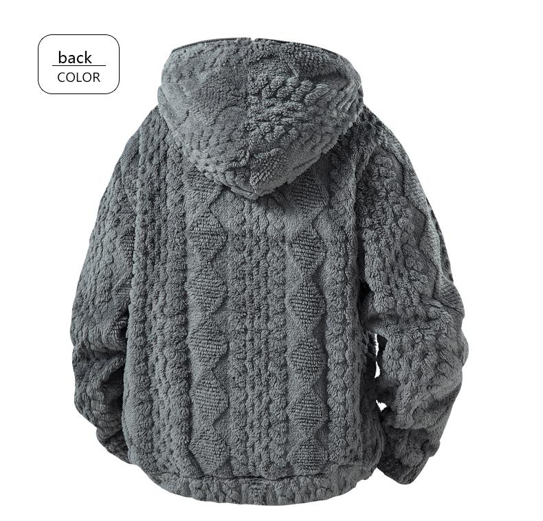 Men's Warm  relaxed fit outer Jacquard Fabric Loose-Fit Full-Zip Hoodie Jacket - Plush Texture Plain Hooded Outer Coat with Decorative Zipper Pull, Kangaroo Pockets, for Outdoor Indoor, Urban Commute, Menswear Tops