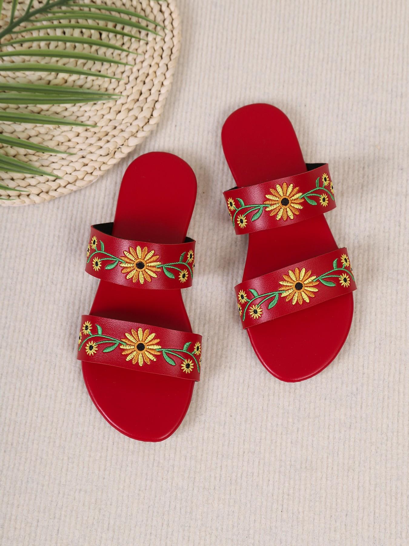 Ethnic Sunflower Embroidered Sandals, Soft Sole Comfortable Flip Flops, Multi-Color Options, Beach Vacation Casual Shoes