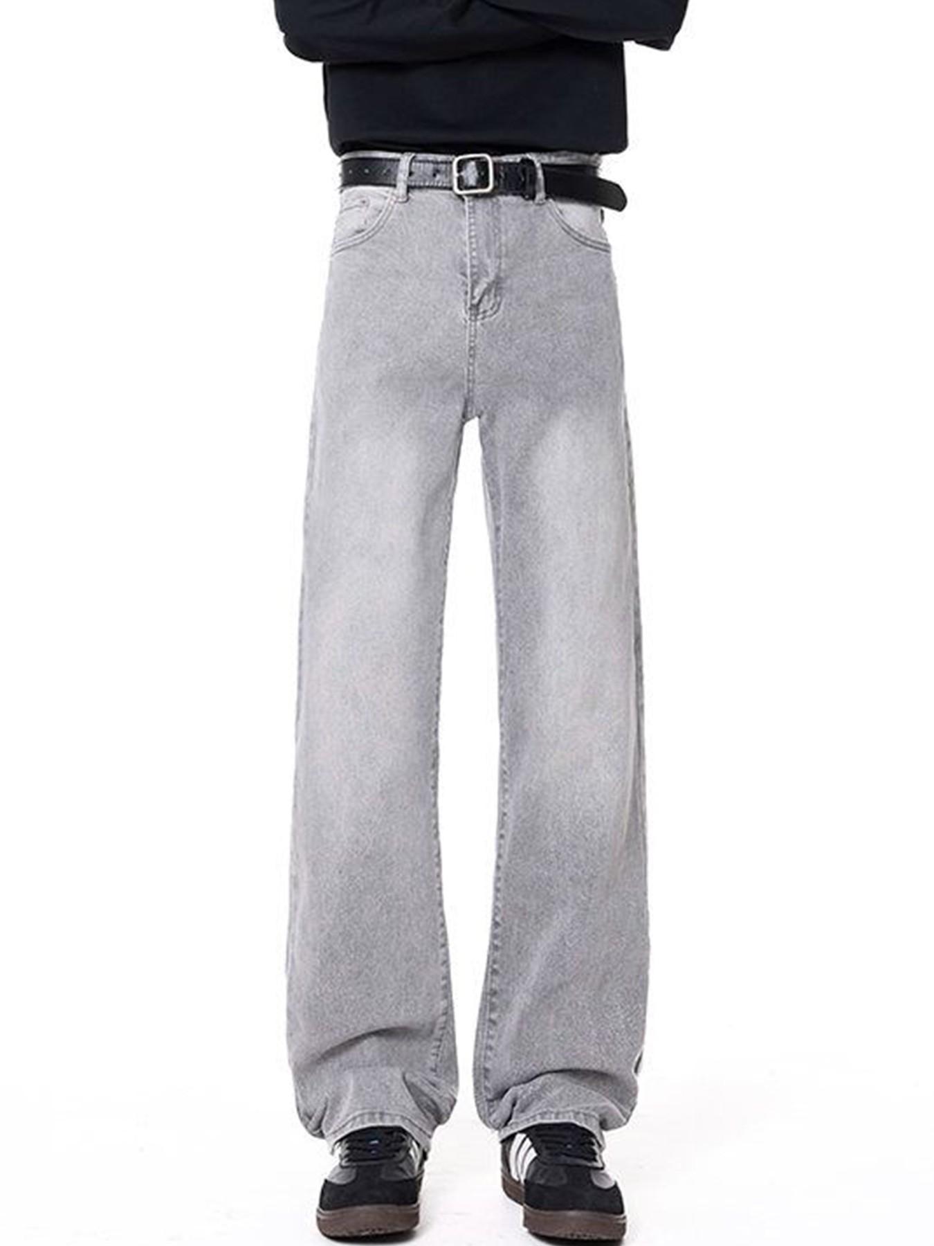 Men’s Light Gray Washed Jacquard Jeans, Loose Straight Leg Relaxed Fit Denim Pants for Casual Y2K Streetwear