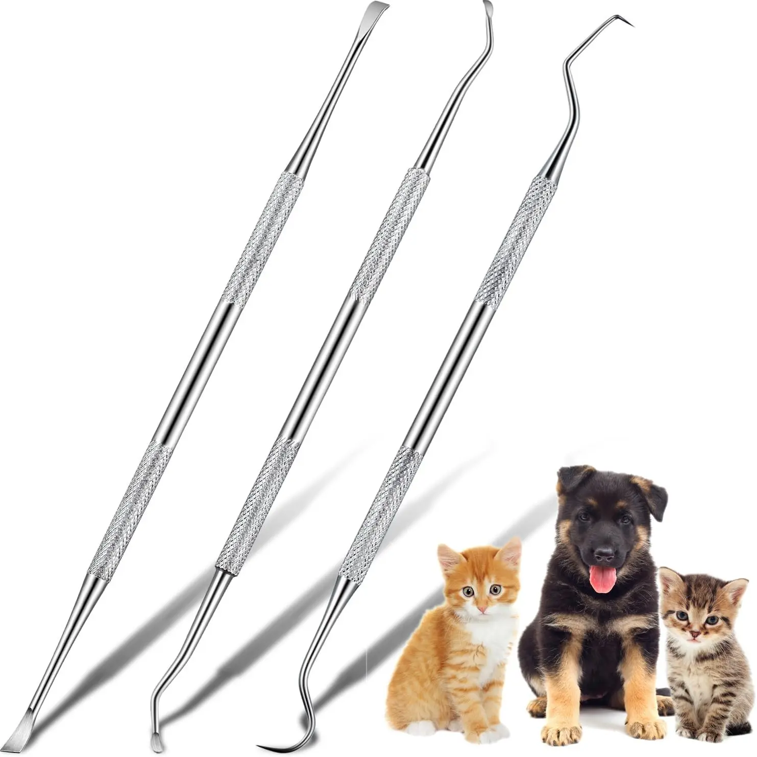 3 Pieces Dog Dental Tooth Scaler and Scraper Stainless Double Headed Tarter Removing Tool Scraper Pet Teeth Cleaning Tools for Dog and Cat (Silver)