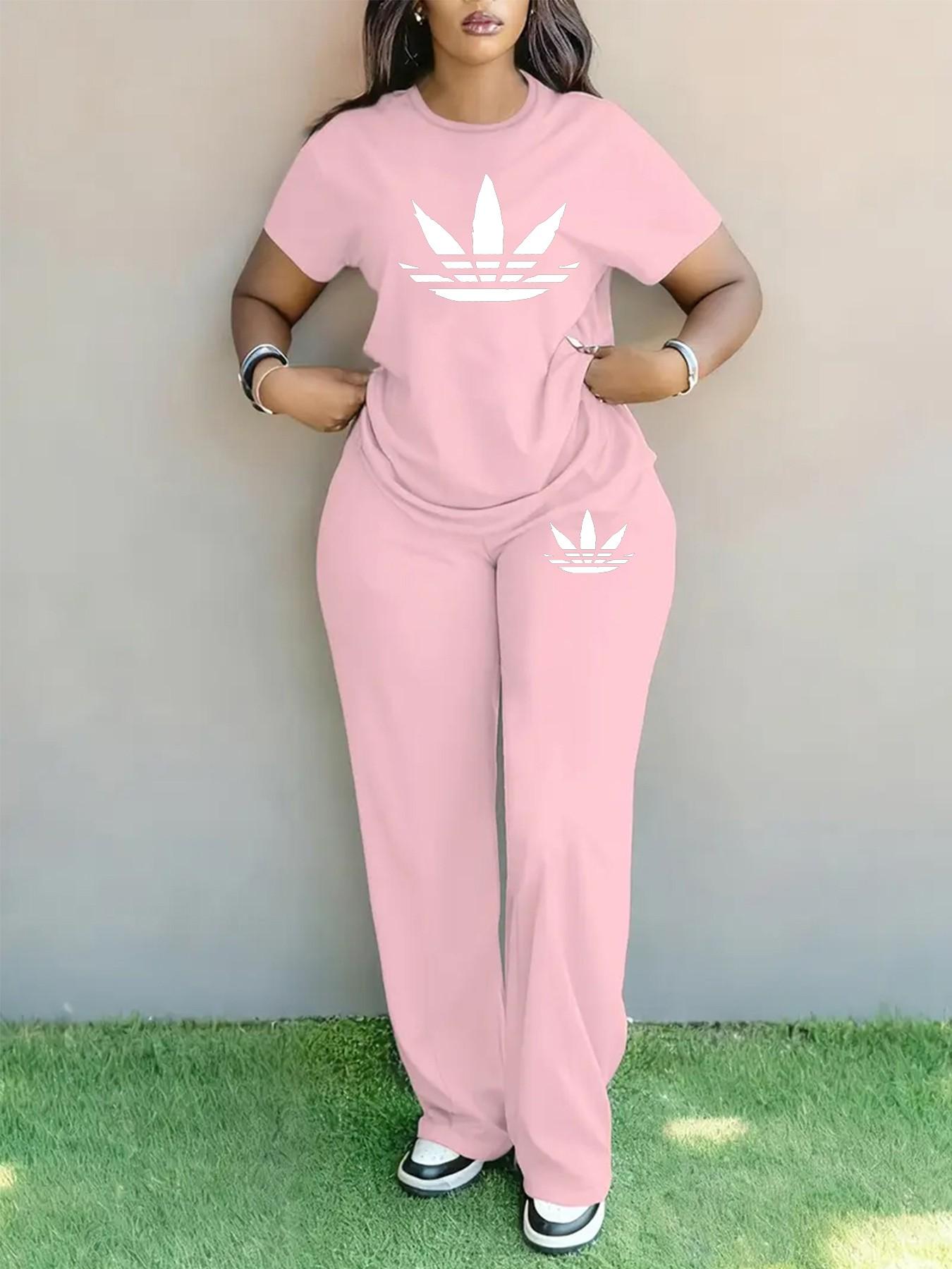 Women's Plus Size Spring Summer Fashion Print Round Neck Short Sleeve T-Shirt & Wide Leg Pants Two-Piece Set, Casual Pocket Design