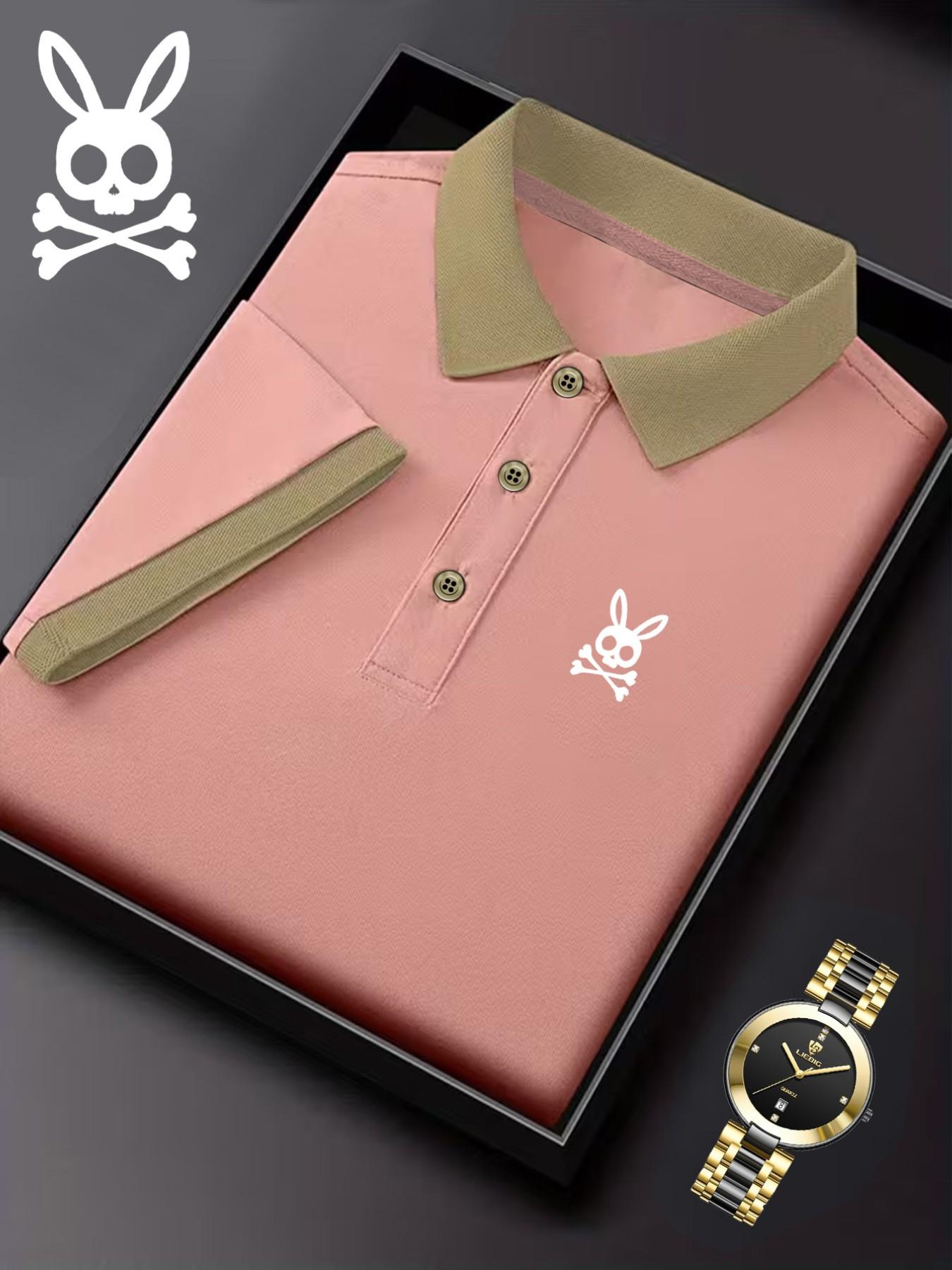 Men's Ff4370 Skull Rabbit Print Polo Shirt, Casual Fitted Short Sleeve, Breathable Elastic Fabric, All-Season Wear, Style