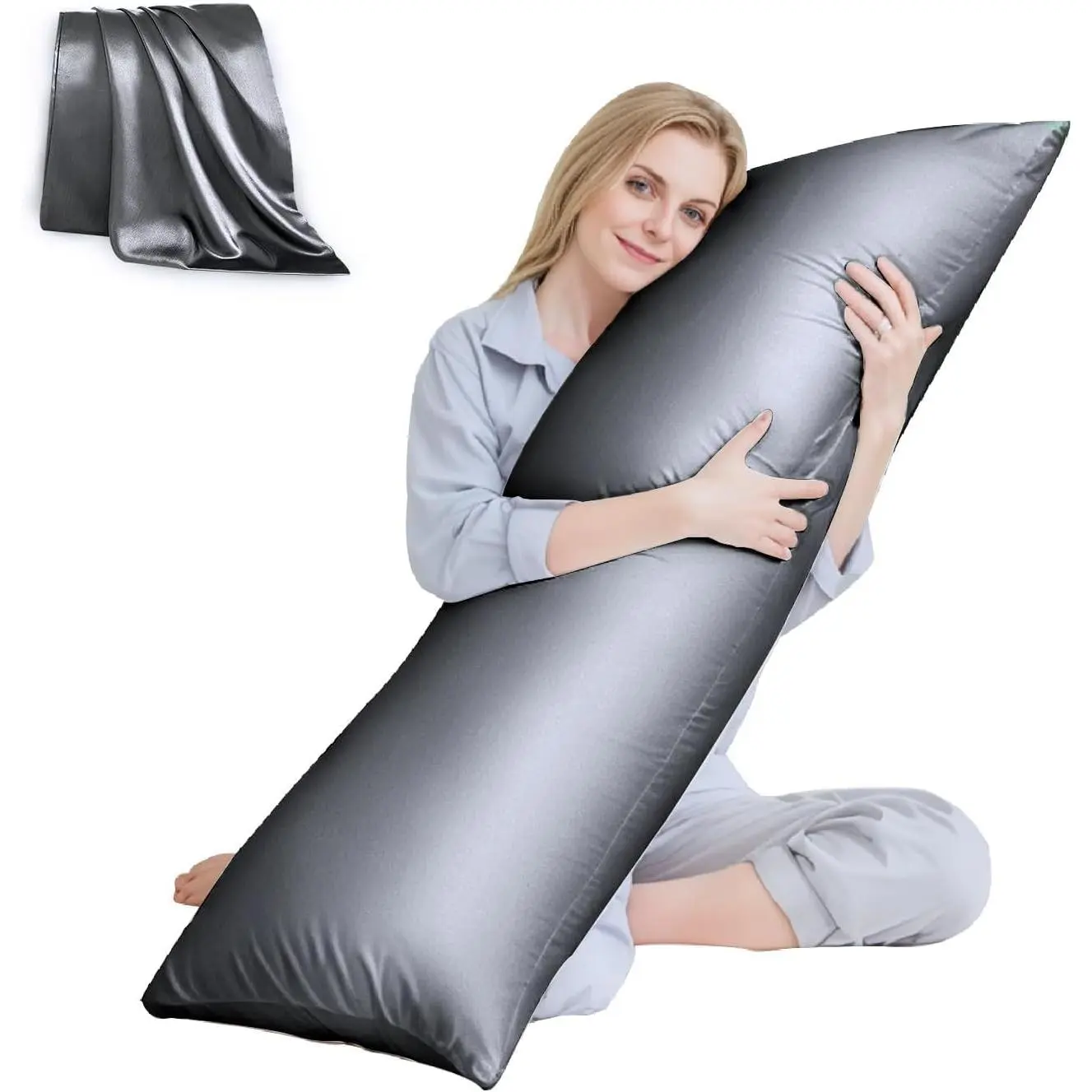 Long Rectangle Body Pillow with Removable Pillowcase for Adults, 20"x54" Grey Sleeping Aid for Home Bedroom, OEKO-TEX Certified Down Alternative Filling, Machine Washable Cover