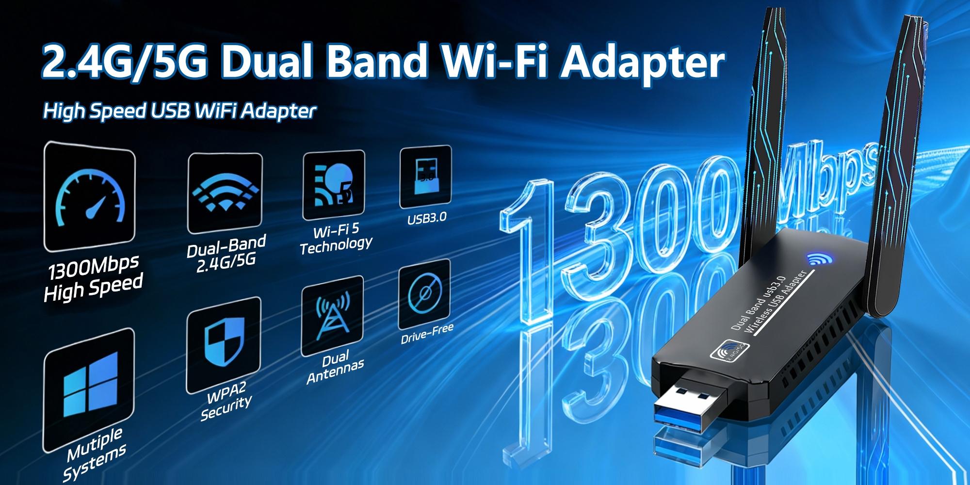 USB 3.0 Wireless Network Adapter, Plug-And-Play, Ac1300 WiFi 5 Dual Band, 2.4GHz & 5GHz, Wpa2 Encryption, Compatible with Windows/linux/macos