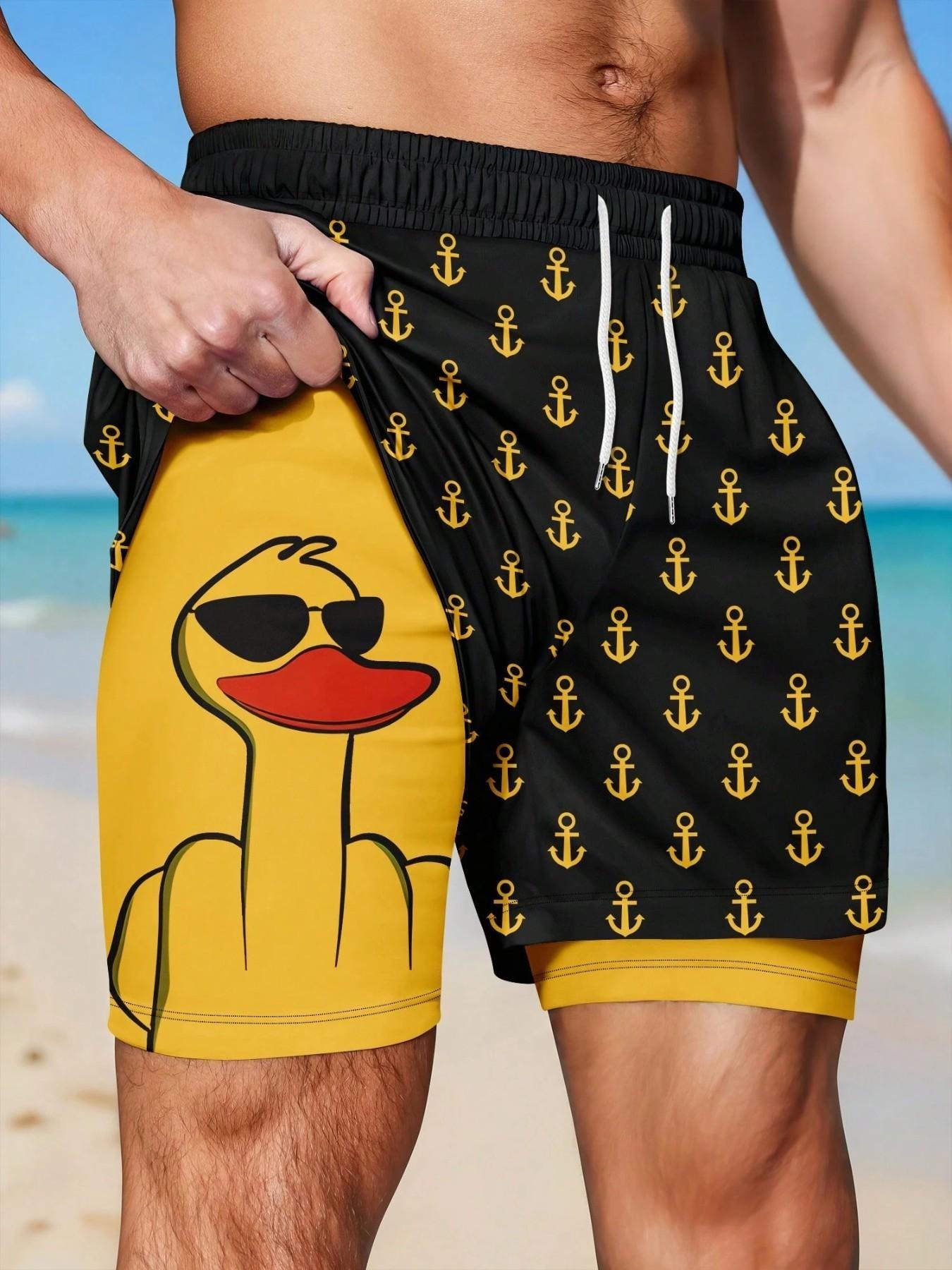 Men's 2-in-1 Quick-Dry Beach Shorts, Swimwear Shorts, Printed Swim Trunks, Cool Cartoon Duck & Anchor Print Drawstring Casual Summer Swim Trunks, Swimsuit Shorts for Vacation #GLOBAL PICKS