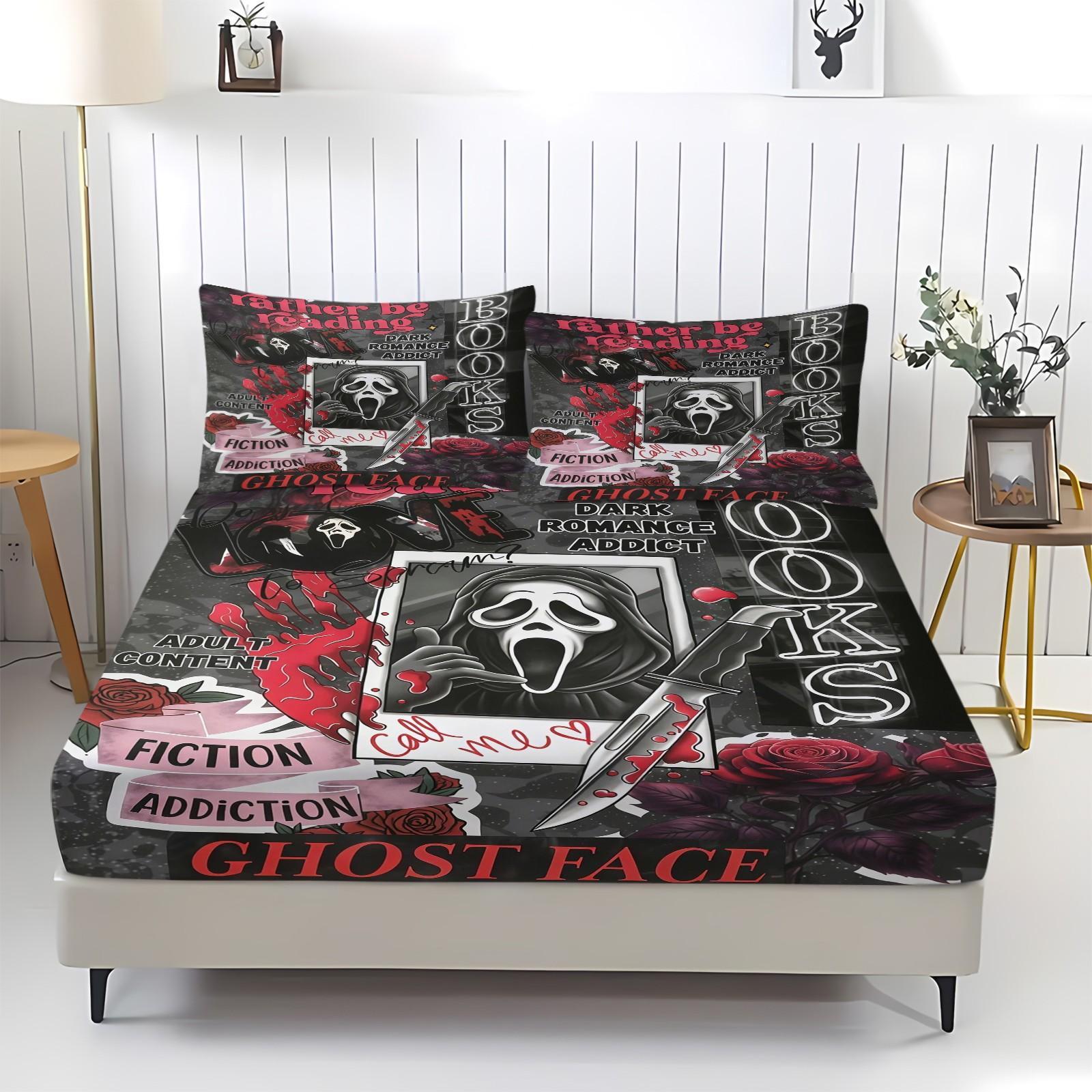 3 Piece Scream Ghostface Fitted Sheet Set, 1 Fitted Sheet + 2 Pillowcases, Dark Romance Horror Movie Bedding, Spooky Bedroom Decor for Halloween, Graduation & Adult Ceremony, Perfect Gift for Movie Fans & Book Lovers