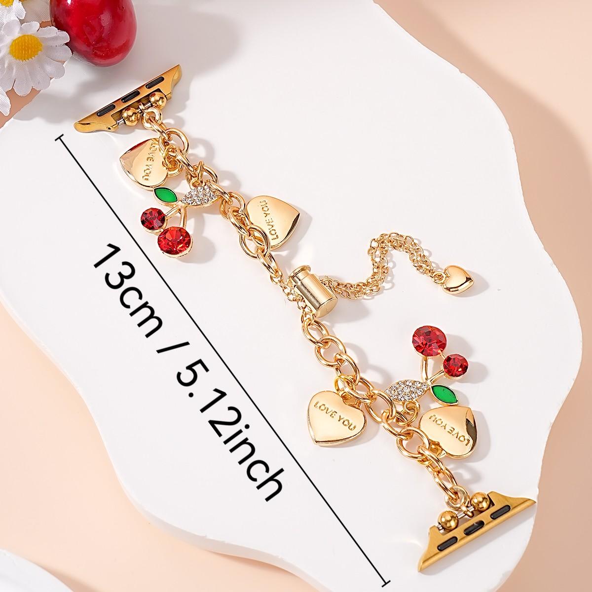 Women's Metal Chain Apple Watch Band, Heart Cherry Charm Bracelet Strap for Iwatch 38-49mm, Perfect Gift for Birthday & Valentine's Day