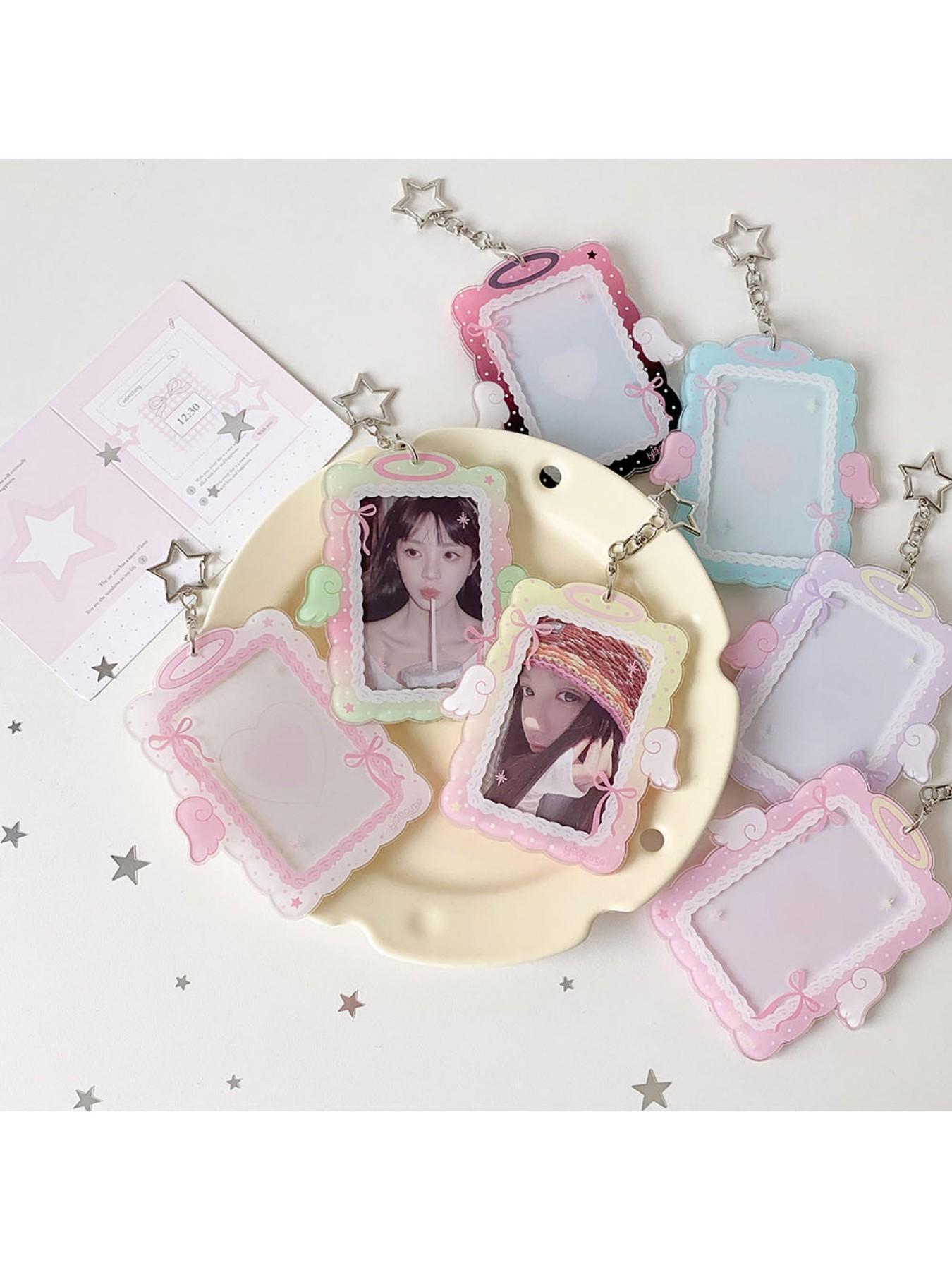 Sweet Girl 3 Inch Angel Wings Keychain Card Holder, Student Hollow Out Visible Small Card Display Case, Idol Fan Accessory, Id Holders For Badges, Id Badge Holder, Badge Accessories