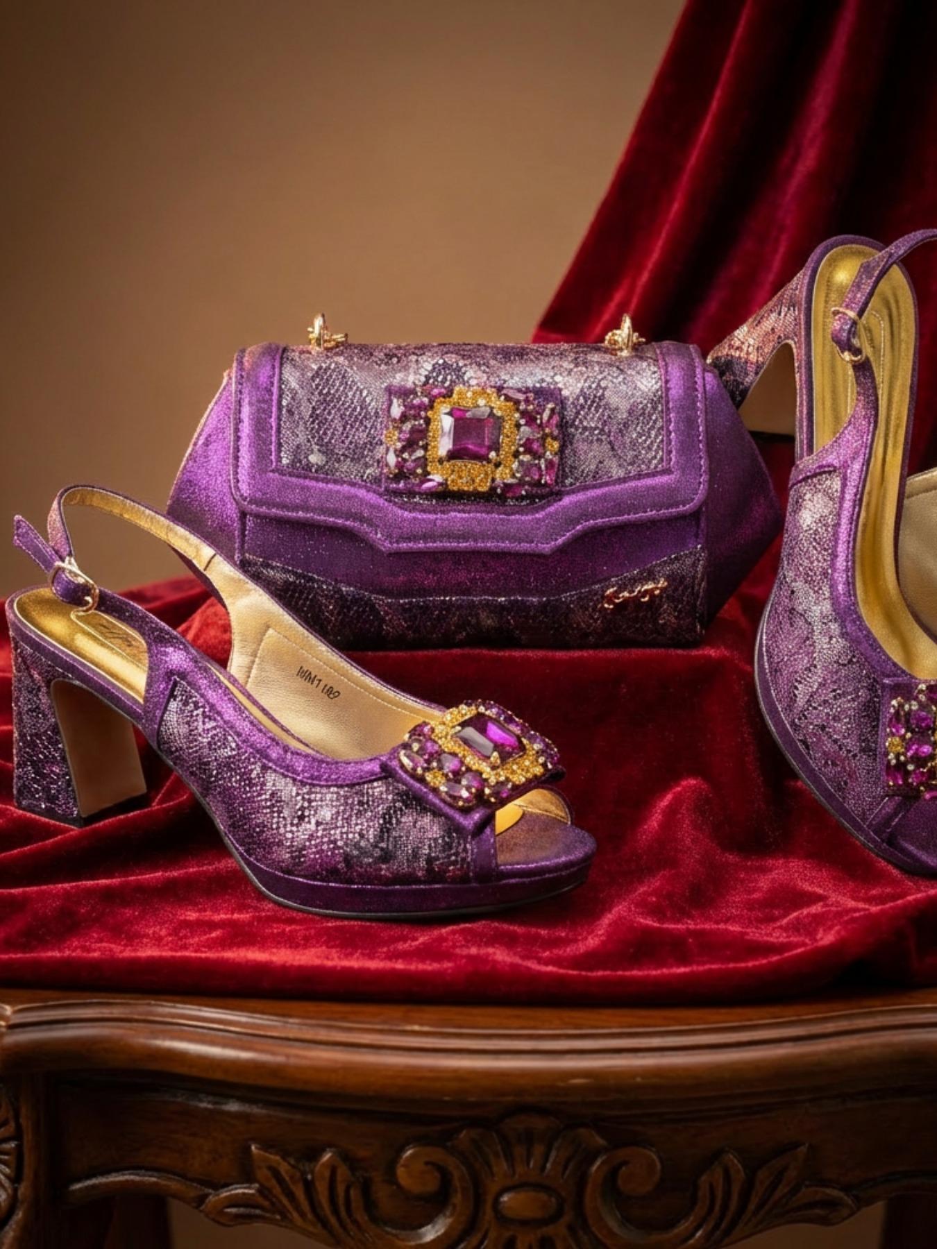 2026 New Designer Fashion Open-Toe High Heels, Elegant Party Olive Color Diamond Decorated Slip-On Shoes, Italian Shoe Bag Set