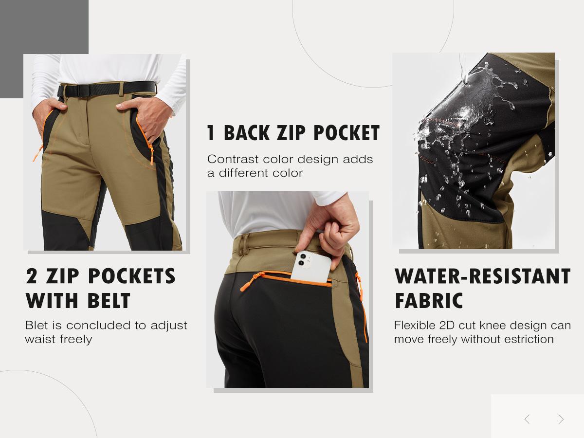 Gopune Men's Snow Ski Hiking Pants Waterproof Fleece Lined Pants Outdoor Mountain Softshell with Belt